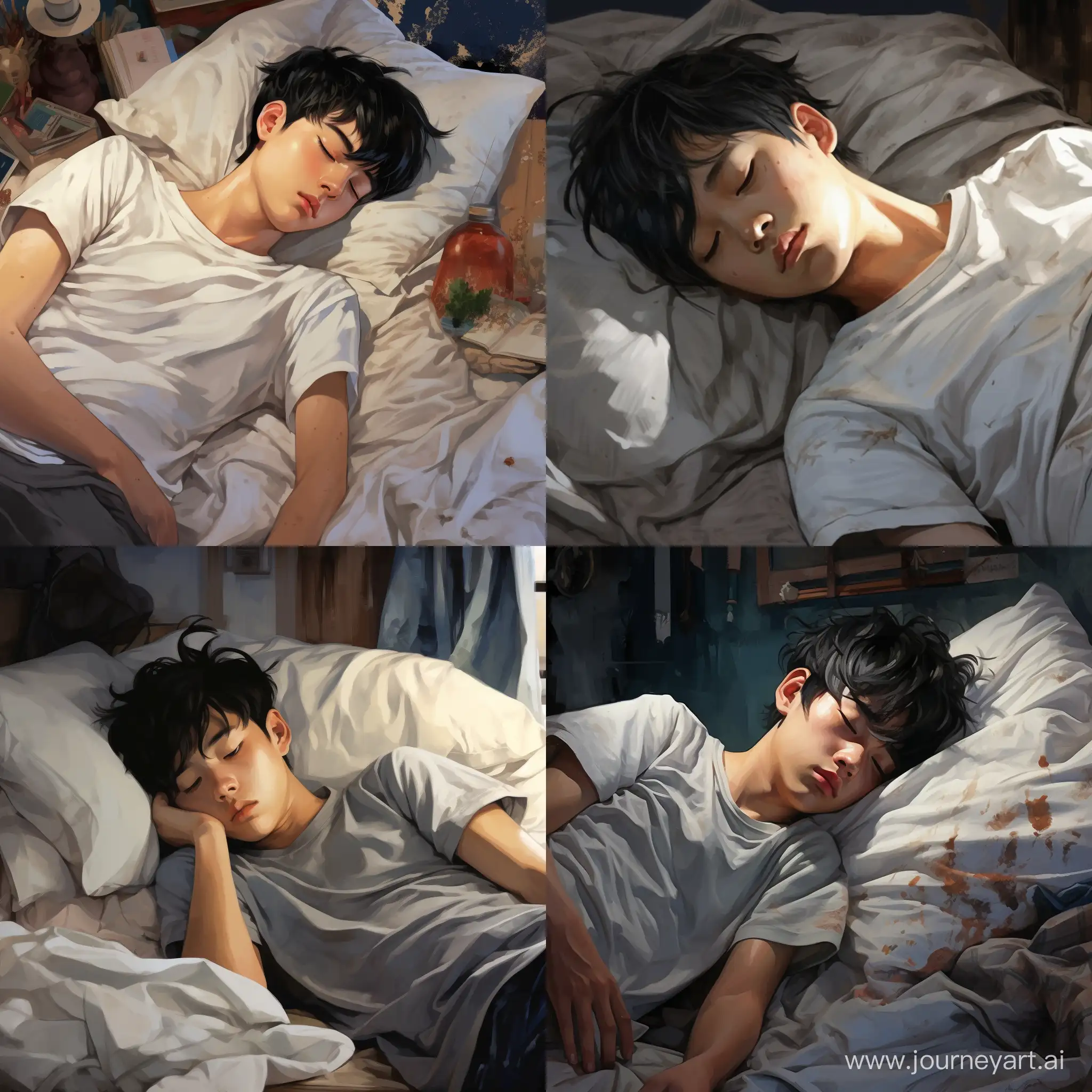 everything can be seen at a distance of 2 meters from an ordinary boy who is 180 cm tall, Asian, his face is not visible, but his features are well visible, his hair covers his eyes, black desert, black hair, he sleeps in a white t-shirt, he is spread out in bed, turned to the left side, the hand is under the desert, in the dark without light in the room, sleeping, the blanket is black, the blanket is covered to the waist of the body


