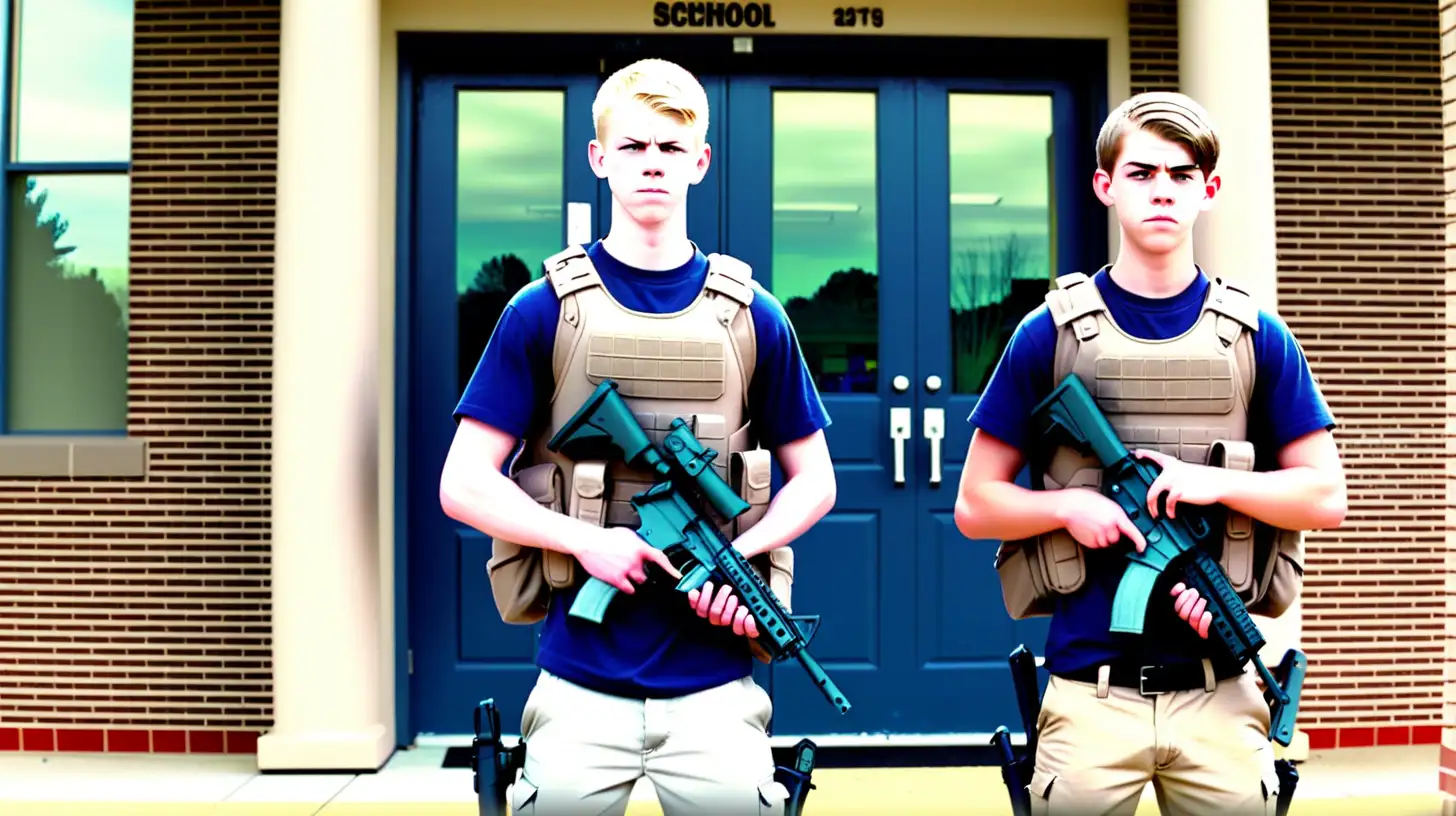 2  jeunes hommes blanc adultes , armes à la main, devant l'entrée d'une école 