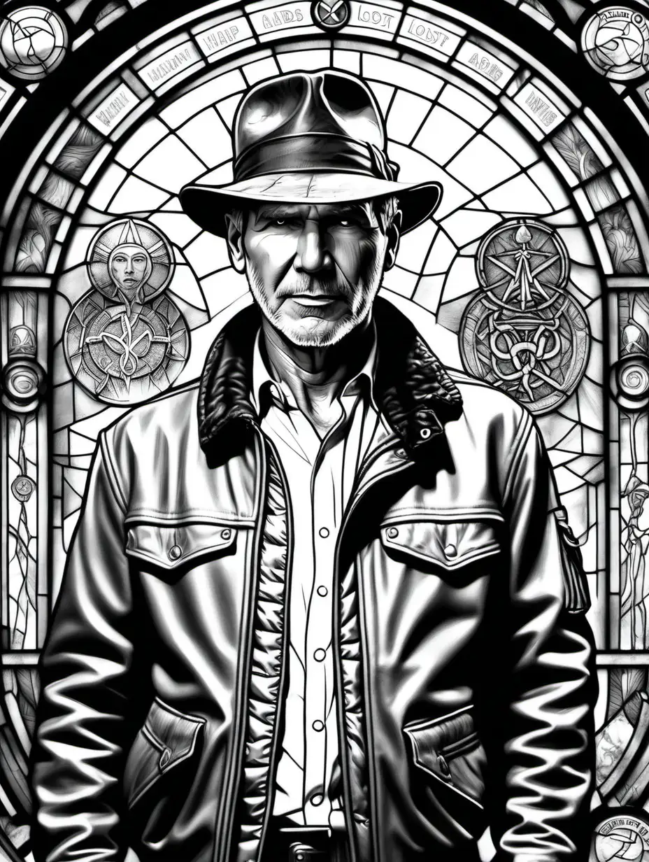 adult coloring page, clean black and white, white background, stained glass with ancient symbols, harrison ford with hat, bomber jacket, and whip, in raiders of the lost ark
