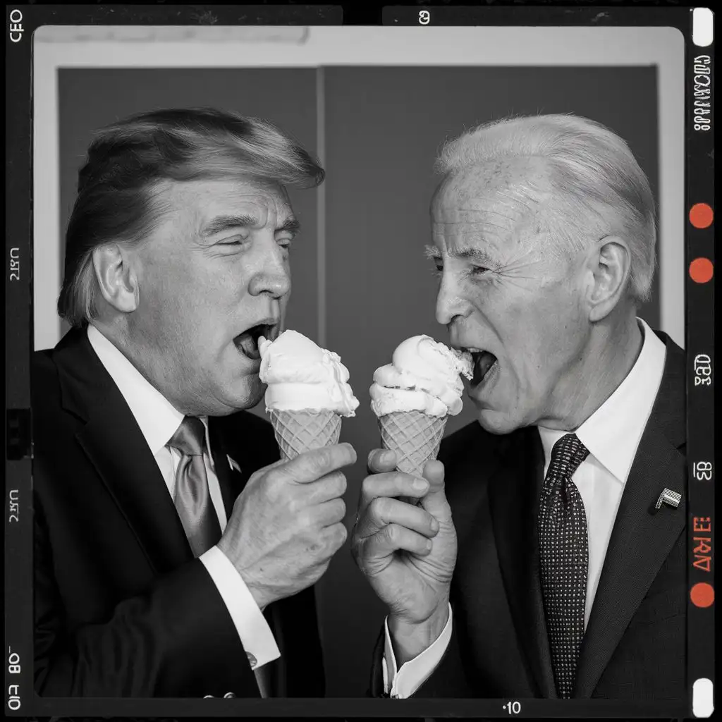 Presidential Duo Enjoying Ice Cream in Classic Film Noir