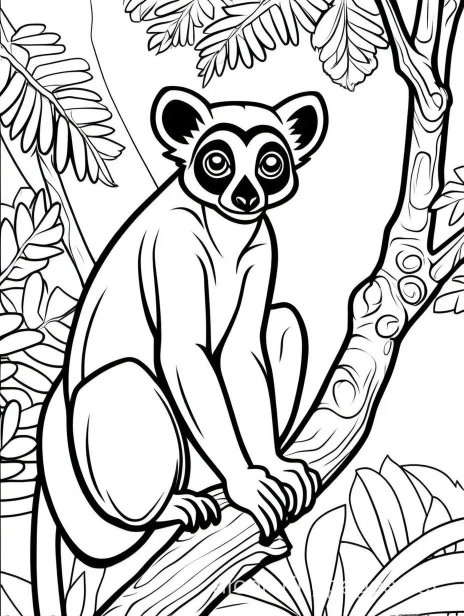 friendly, simplified lemur perched on a tree branch, with canopy of trees in the background, Coloring Page, black and white, line art, white background, Simplicity, Ample White Space. The background of the coloring page is plain white to make it easy for young children to color within the lines. The outlines of all the subjects are easy to distinguish, making it simple for kids to color without too much difficulty