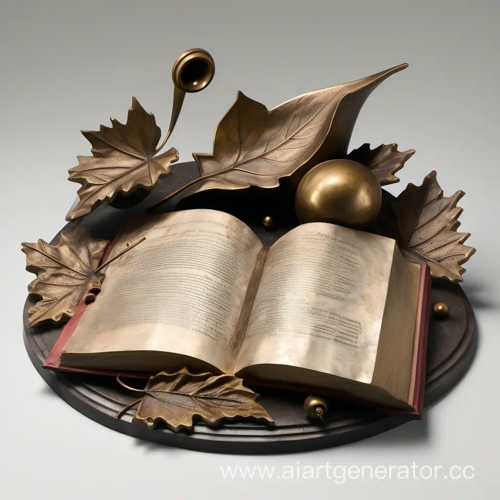 Композиция из бронзы для памятника в виде раскрытой книги, опавших листьев и колокольчика
