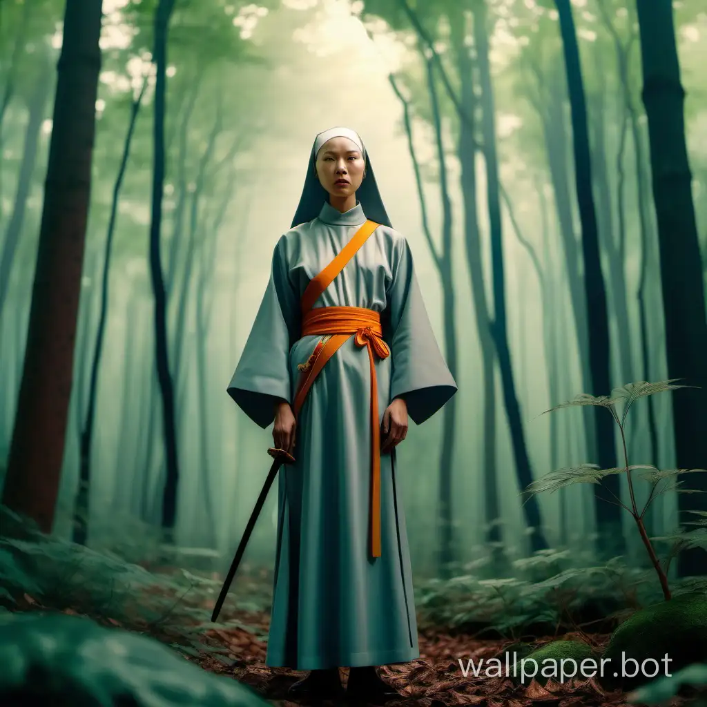 a warrior taoist nun is standing in the forest, she is thinking about now, there is magic in the forest she is in, hyperrealistic, Wes Anderson palette