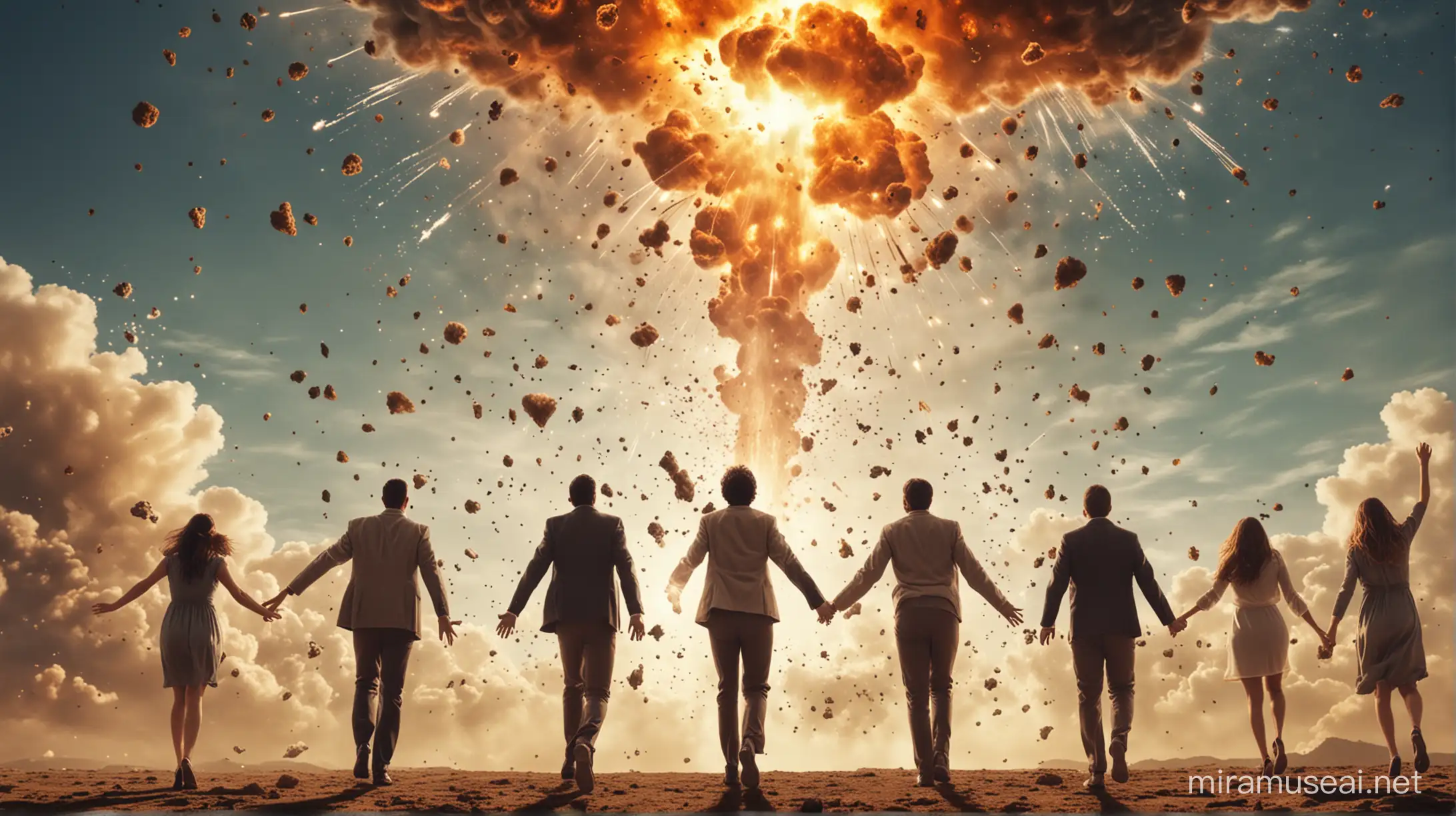 Group of people floating up into the sky with explosions around them rapture