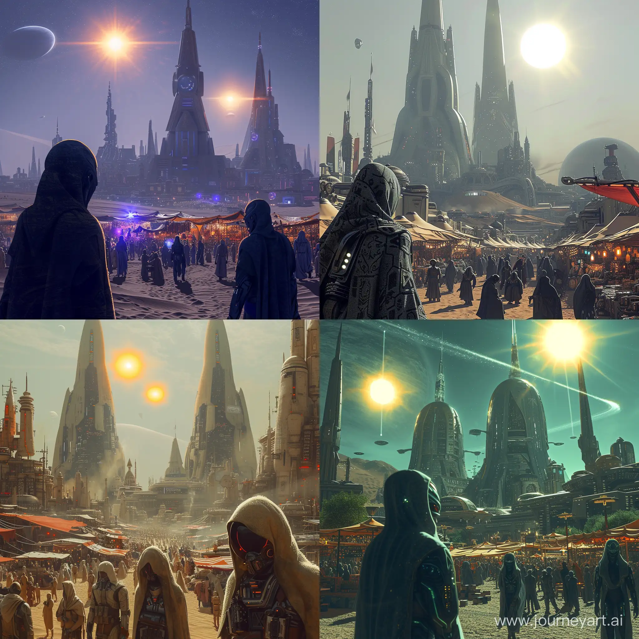 Alien bazaar on a desert planet with arabic vibes, but high level of technology. Giant sci-fi buildings are seen in the background. Two suns are shining brightly. Aliens are tall humanoids with hoods and/or helmets