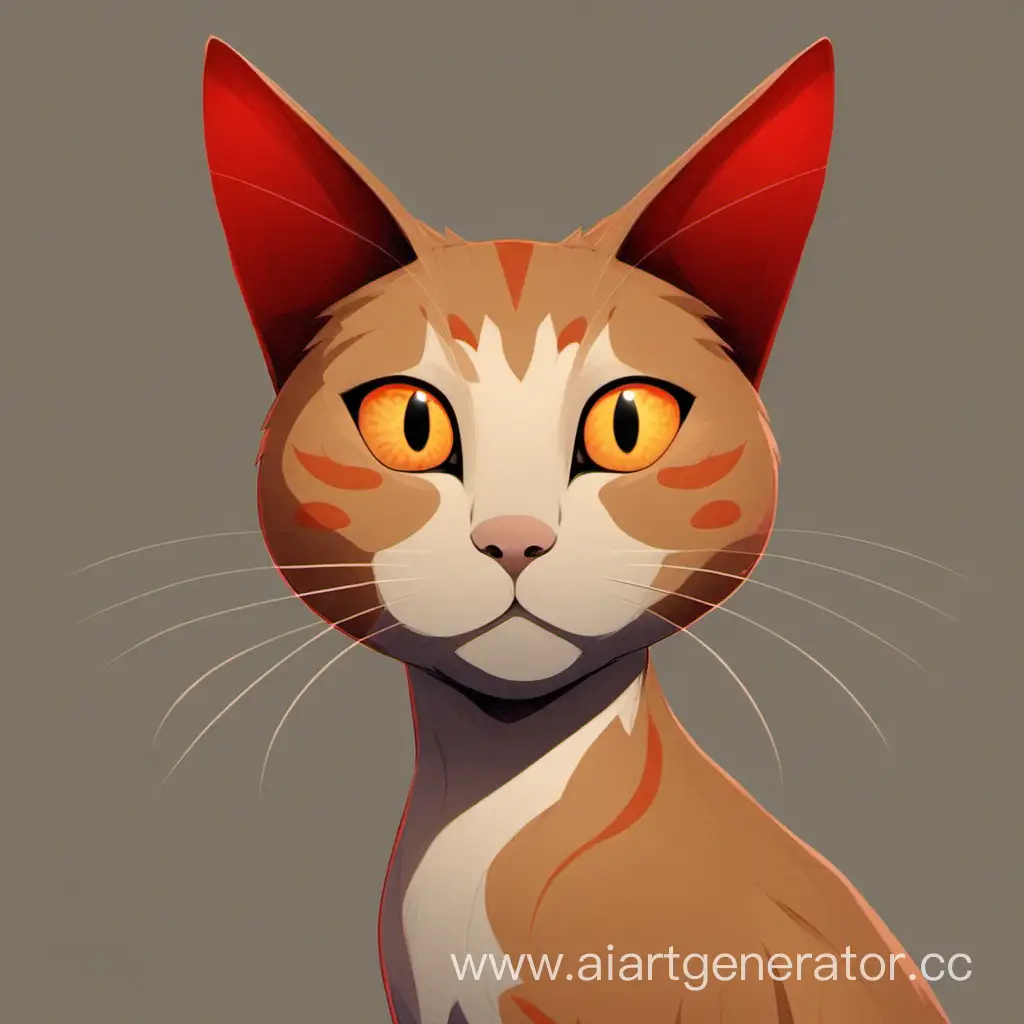 Светло Коричневый   кот с ораньжевым глазами и красной мордочкой. У него опущено одно ухо и красный хвост.