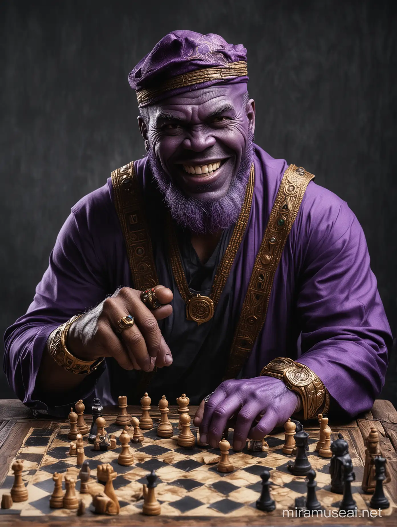 Provide an image of Thanos with his purple skin wearing a traditional Muslim attire (koko), a peci (traditional Indonesian cap), and five large gemstone rings in purple, blue, red, orange, green, and yellow on each of his five fingers. He is laughing cute while playing chess with superhero Ant-Man against the backdrop of a Jakarta market. and ensure a dramatic effect against a high-contrast black background for printing in DTF (Direct-to-Film) Printing or water-based color printing. The image and background should be centered and uncropped