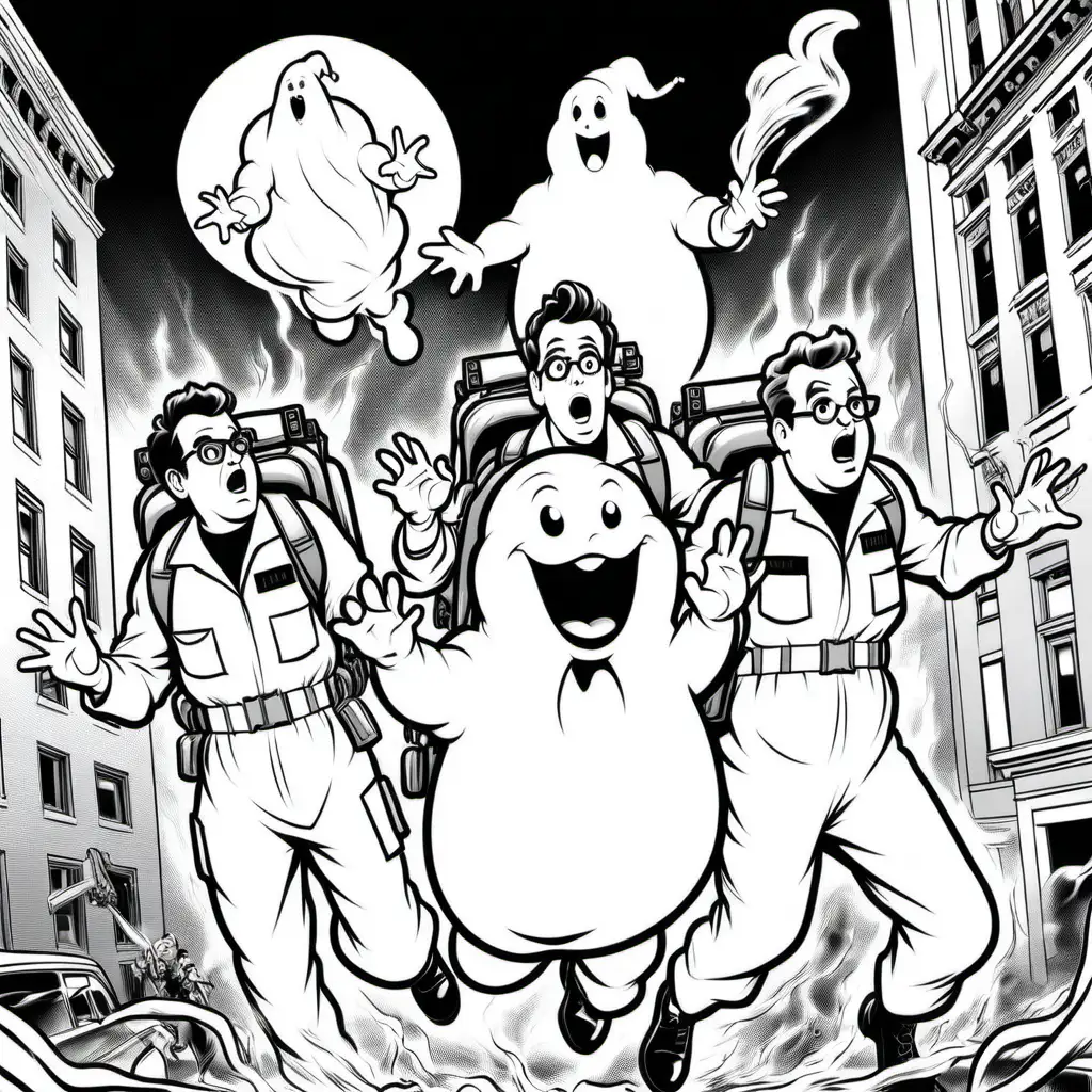 simple black and white picture of  ghostbusters catching ghost, for coloring