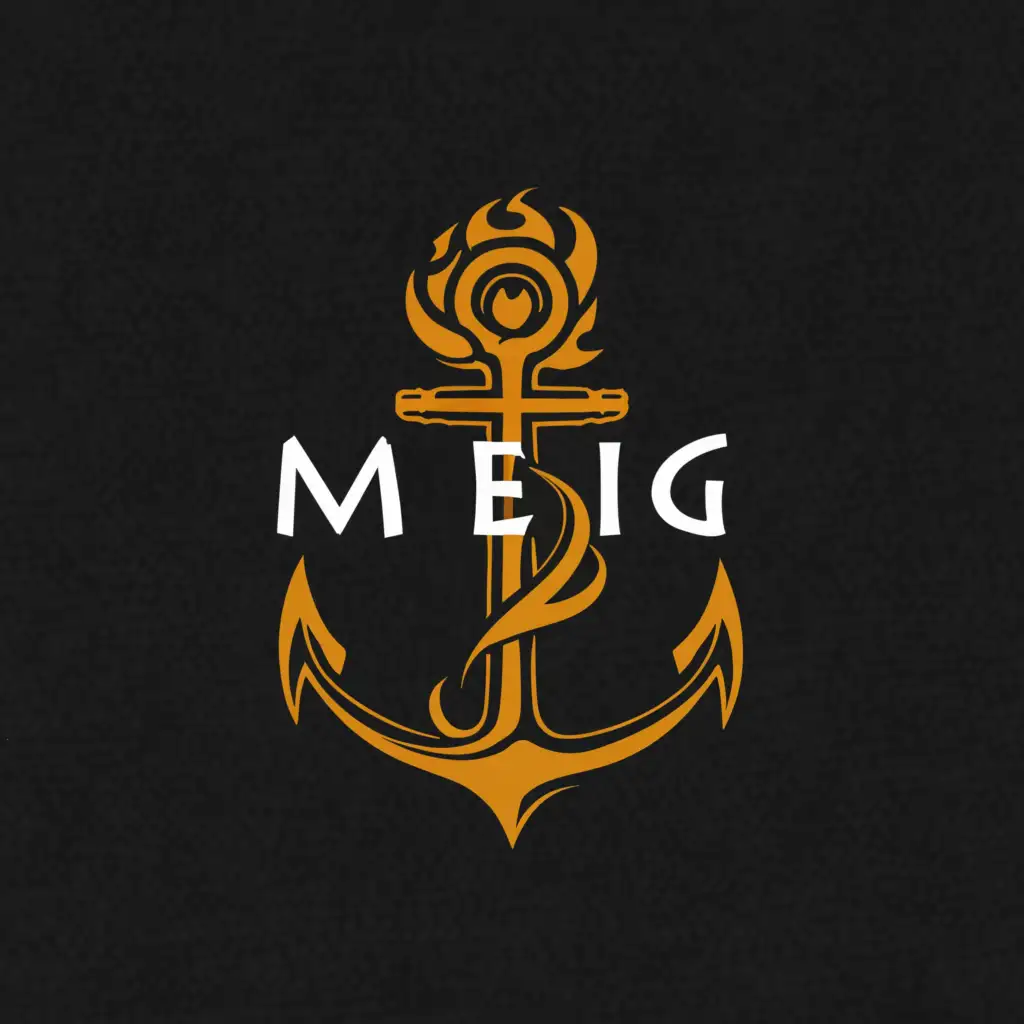 a logo design,with the text "meign", main symbol:anchor whose arm and crown are on fire due to nuclear reaction while the balancing rod & shank are completly green with lily flowers on it
,Moderate,be used in Technology industry,clear background