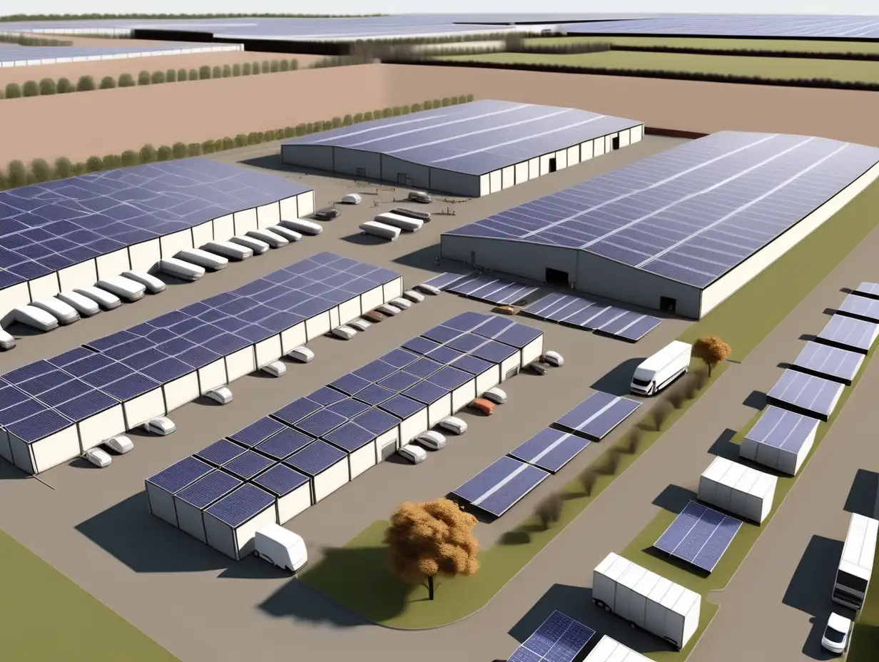 large, high ceiling cross-docking warehouse with numerous loading docks and many large lorries and small vans loading and unloading. roofs filled with solar pannels (none elswhere) and large wind turbines ver visible in an adjacent field. also car park with electric cars charging at charging stations. also, plase add on 5G telecommunication tower
