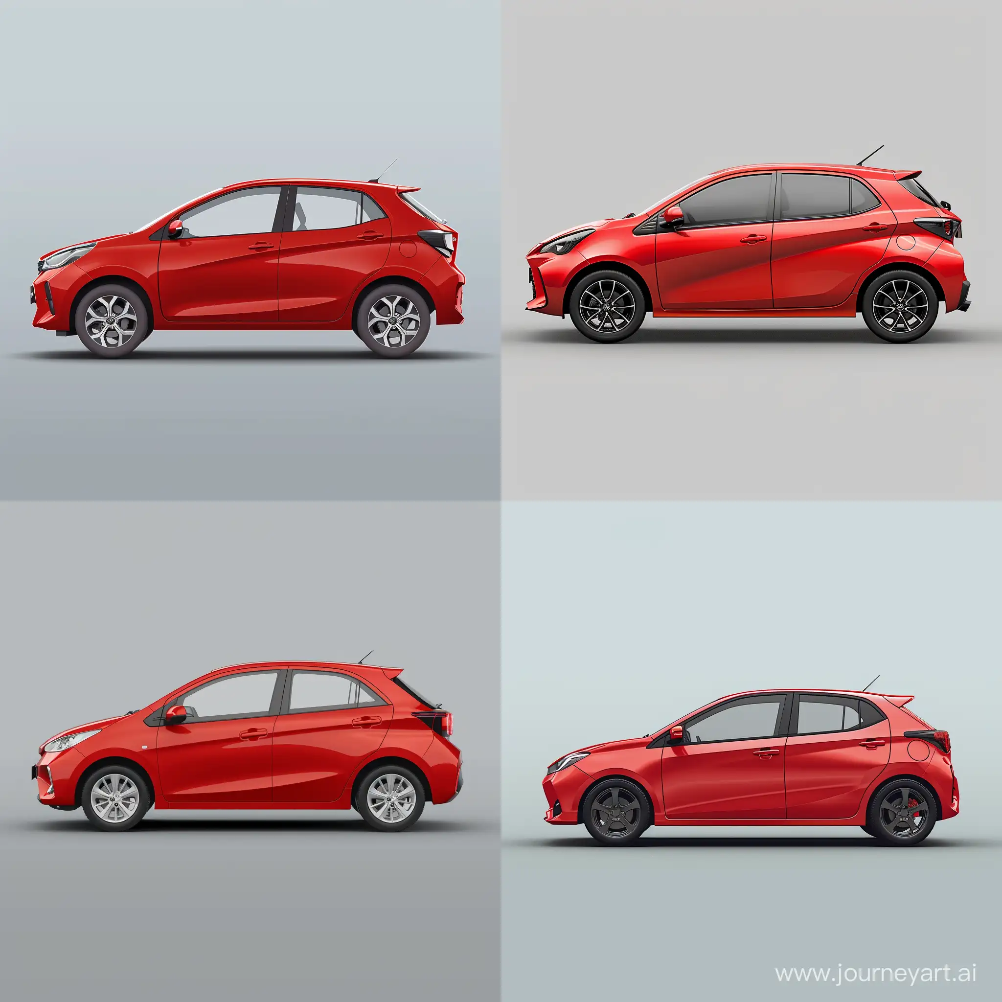 Minimalism 3D Illustration Car of Side View, Perodua Myvi 2023: Red Body Colour, Simple Gray Background, Adobe Illustrator Software, High Precision --v 6.0 --s 100