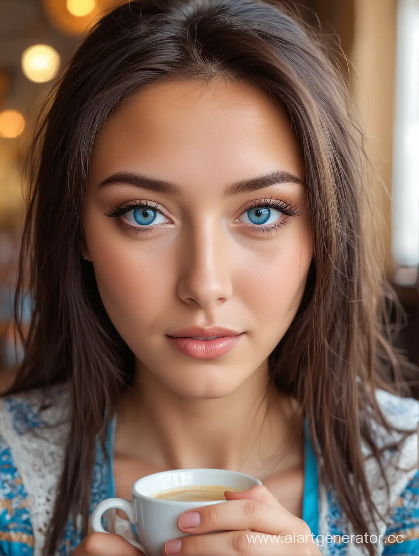 beautiful Kazakh girl with blue eyes in cafe
