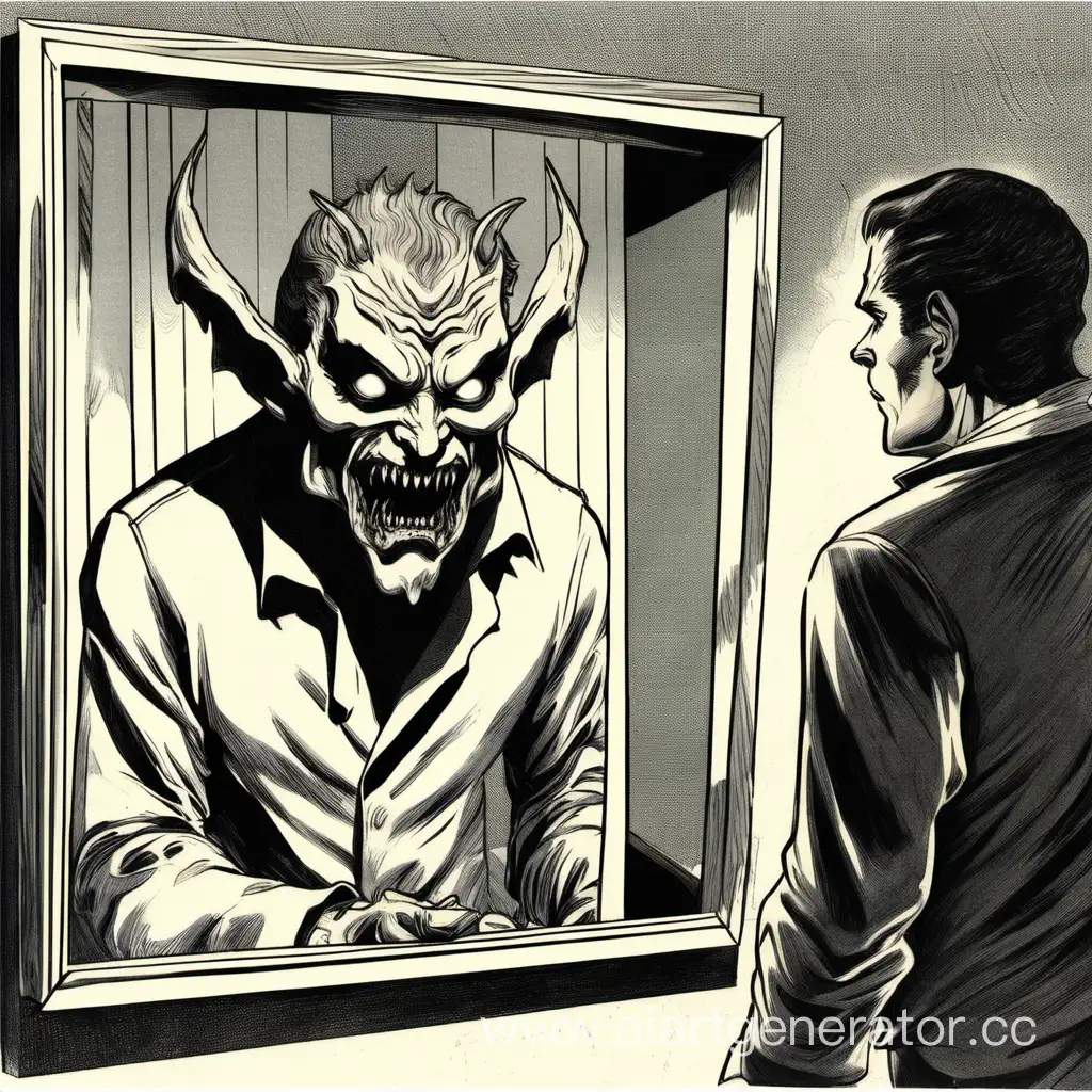 A man looks at a demon in a mirror coming from 