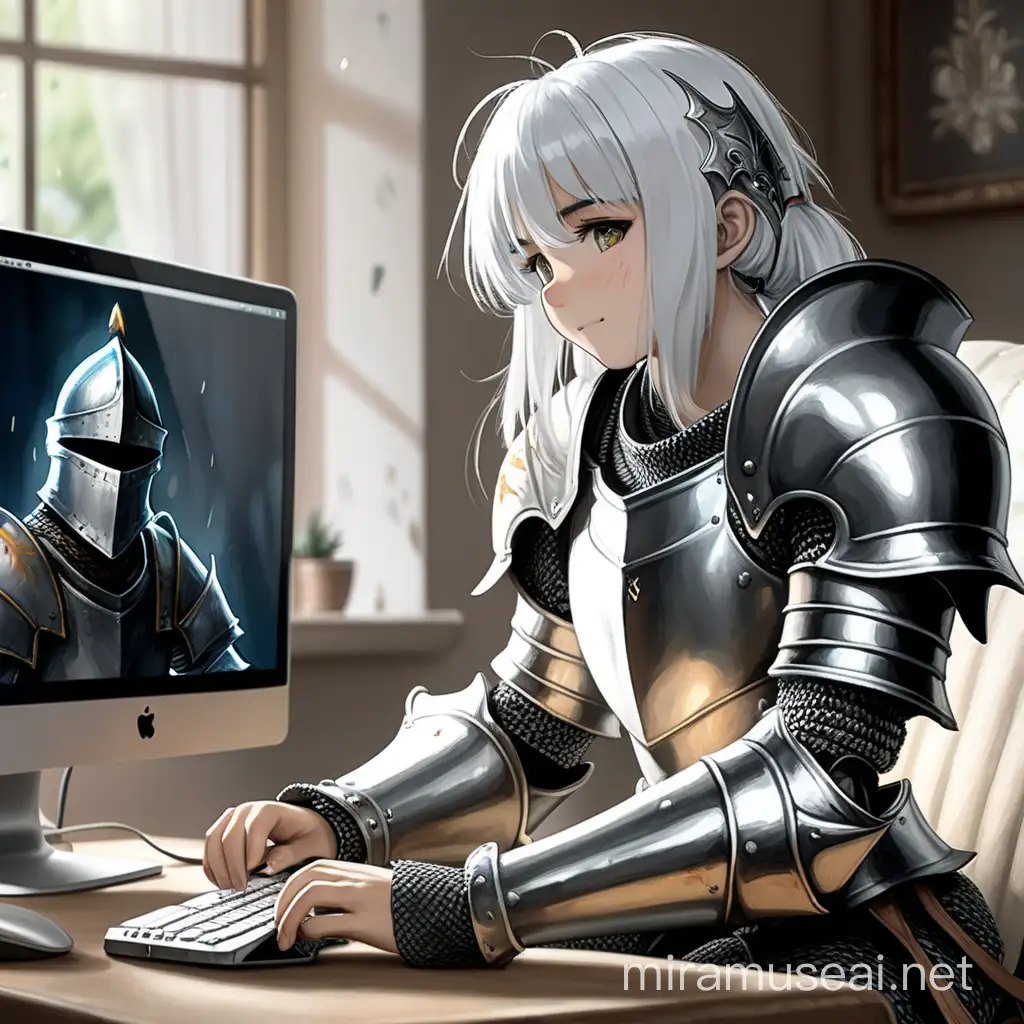 depressed knight, sitting at home, face in a helmet, tear-stained eyes are visible, playing on the computer, on the computer screen there is a beautiful girl in armor, she is smiling, she has white hair, a cheerful face