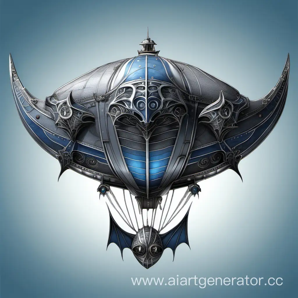 BatShaped-Airship-Gray-and-Blue-with-Silver-Accents-and-Intricate-Textures