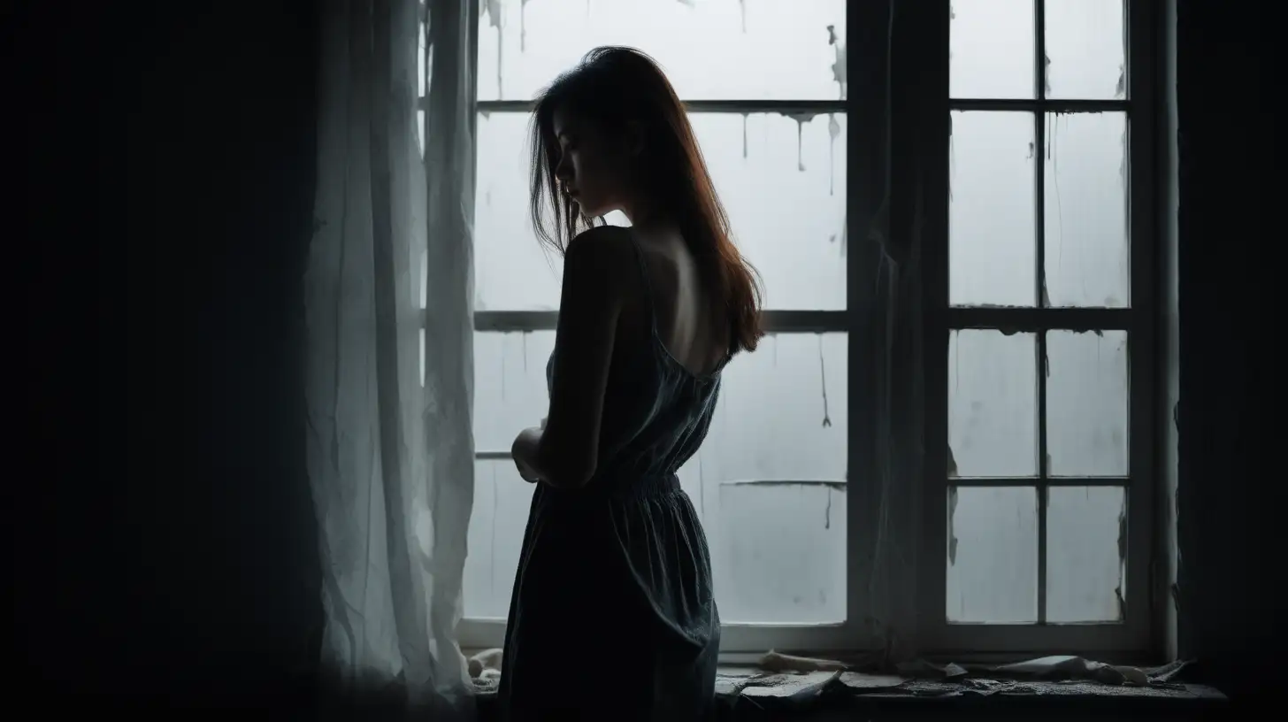 Beauty women sad standing in front of window alone darkness soft light old room mess
