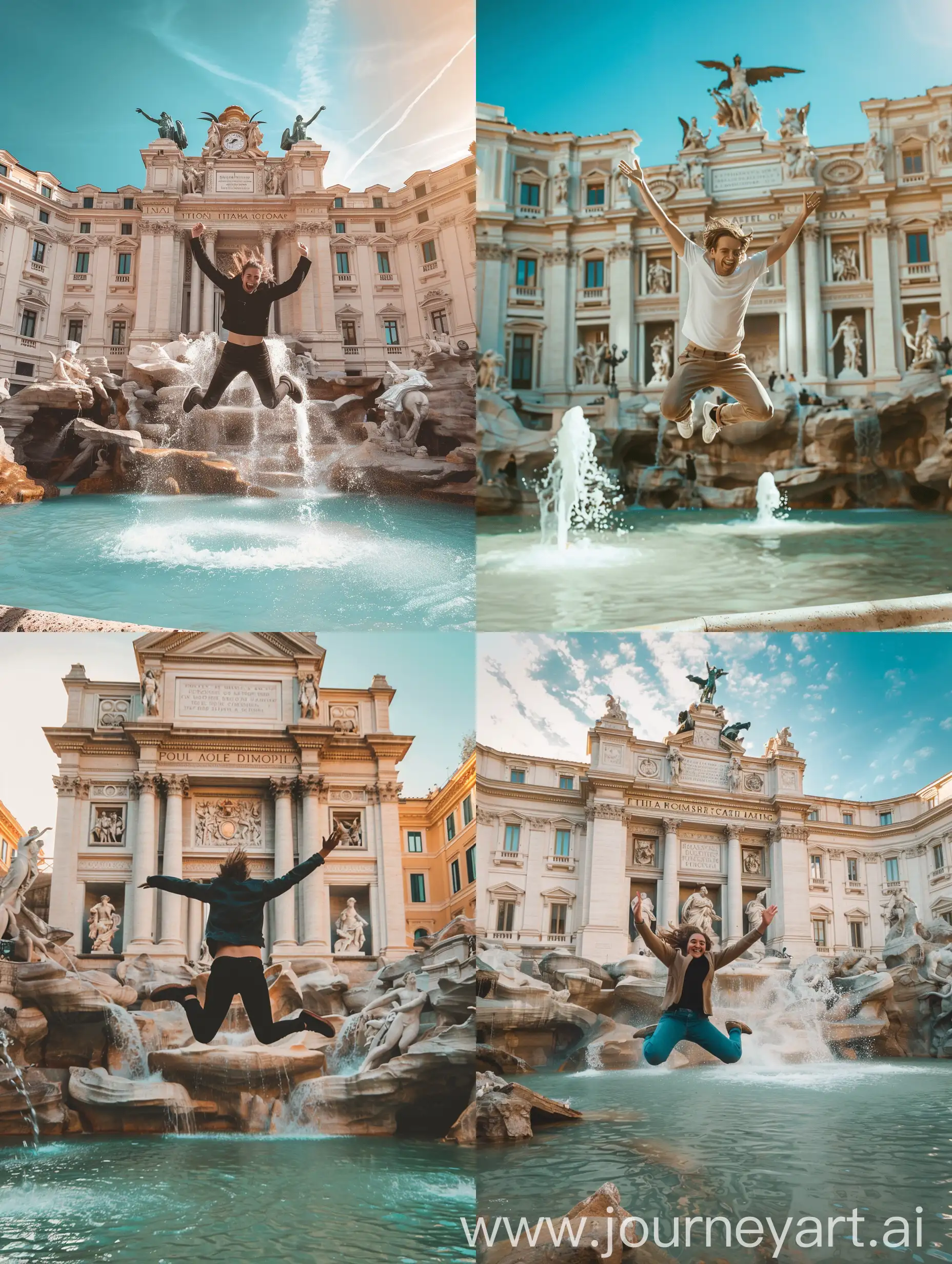 A happy person jumping in the Trevi Fountain in Italy