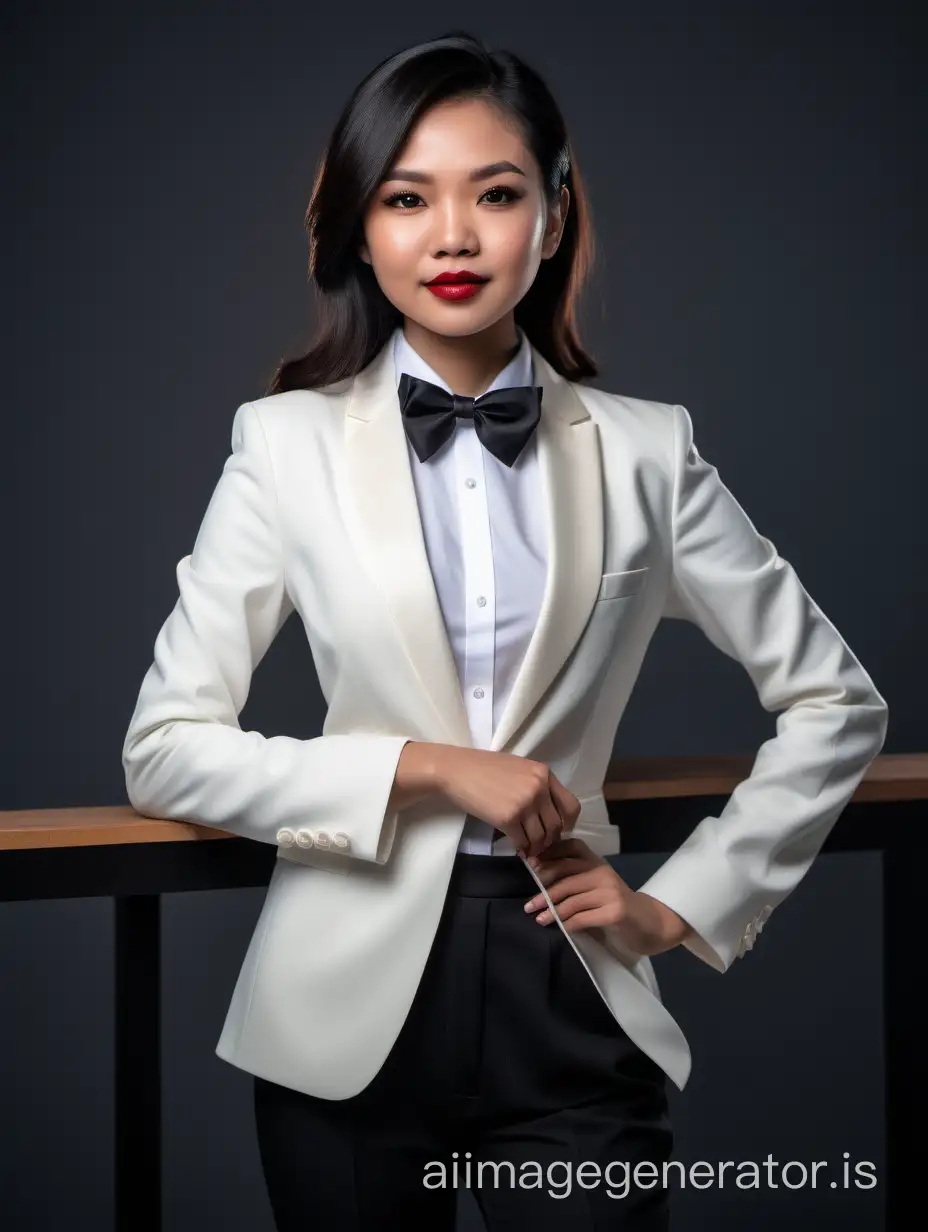 Confident-Malaysian-Woman-in-Ivory-Tuxedo-with-Black-Pants-and-Bow-Tie
