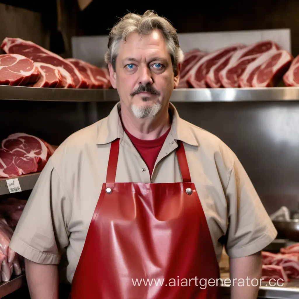 tall, fat, creepy man, 47 years old, pale brown, gray hair, stubble, gray-blue eyes. He is wearing a beige shirt, over which is a red apron with the logo of a butcher shop