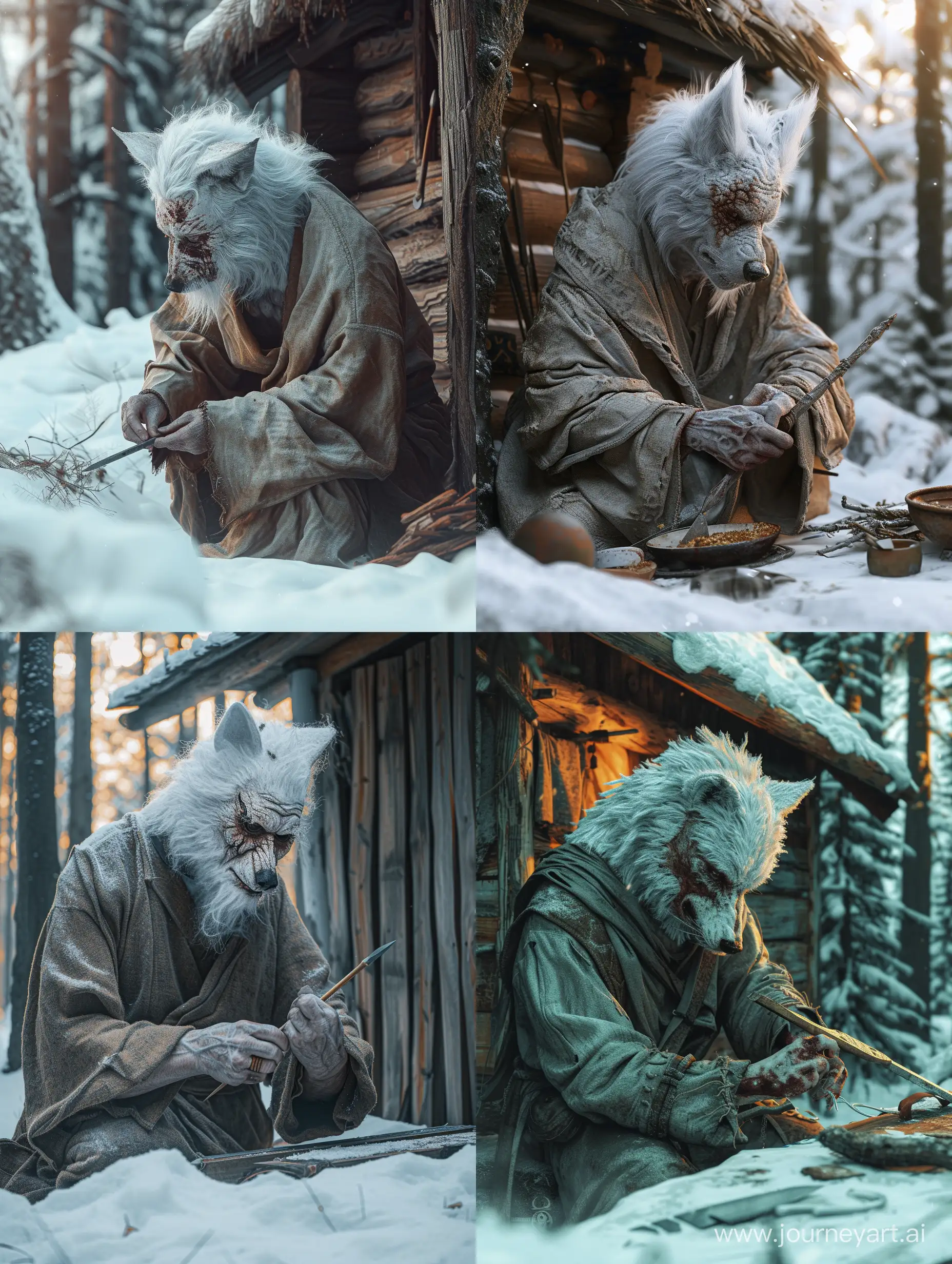 A wise warrior with wolf's head and human body called " lonely wolf ",white,A big old wound on face,wearing a robe,in snowy forest,Next to the wooden hut,He is making a spear with a knife,Detailed clothing.incredible detail,warm light.