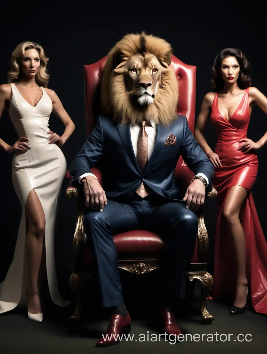 Мощный, величественный лев с телом человека, в строгом костюме, сидит в роскошном кожаном кресле в окружении трех девушек в платье