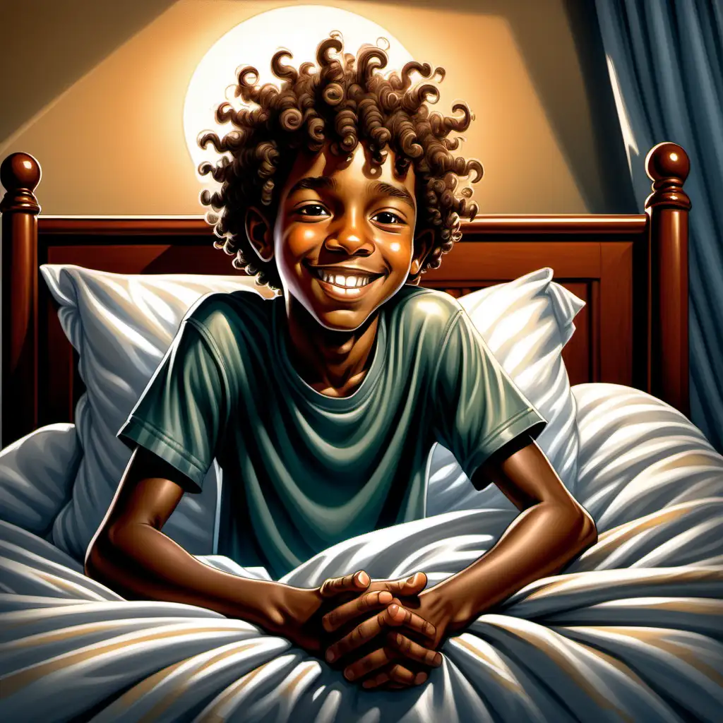 ernie barnes style cartoon african american 10 year old boy with curly hair wakes up in bed smiling about the farmer's market