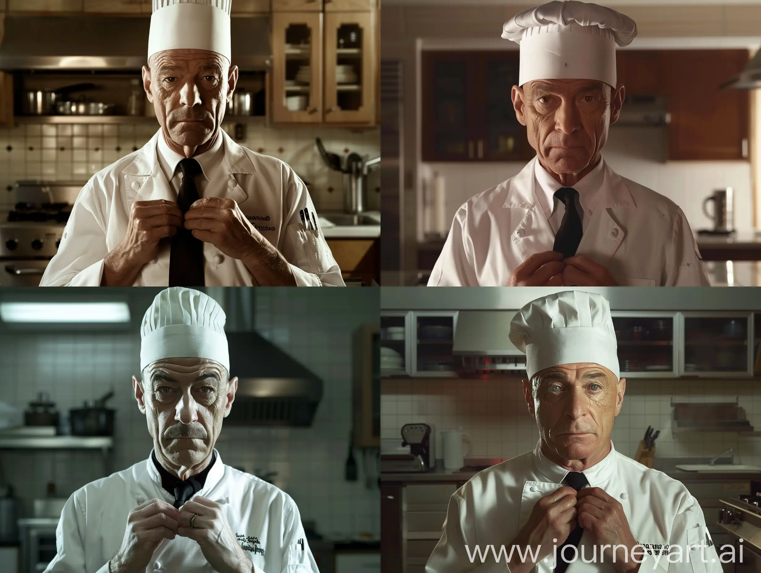 Gustavo Fring (played by Giancarlo Esposito) is in Breaking Bad, Gustavo Fring (played by Giancarlo Esposito) wears a white chef's uniform, Gustavo Fring (played by Giancarlo Esposito) wears a white chef's hat, Gustavo Fring wears a black tie, Gustavo Fring He is trying to fix his tie, the background of the kitchen, the face is very very less happy, modern lighting, clear, realistic,q2