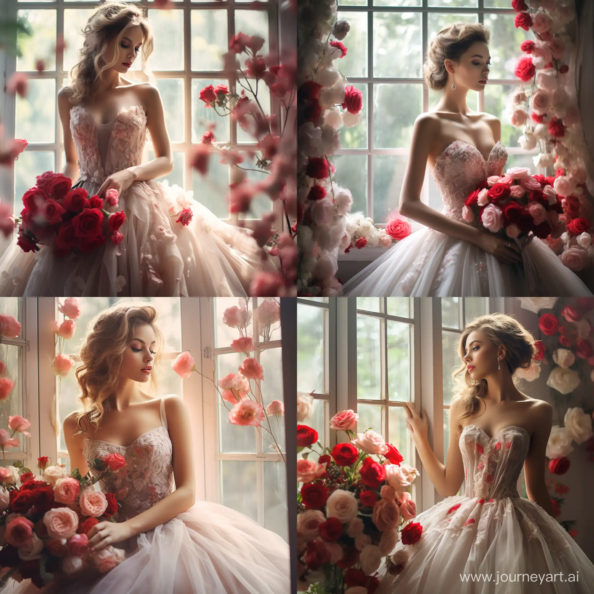 Fashion Photography, Gorgeous bride in an ethereal wedding dress, clutching a bouquet of delicate roses, Wedding venue, overlooking a picturesque garden, Portrait lighting, Impressionism, Low Key Lighting, roses, vibrant red, delicate pink, pure white, Selective focus, High Dynamic Range (HDR) --style raw