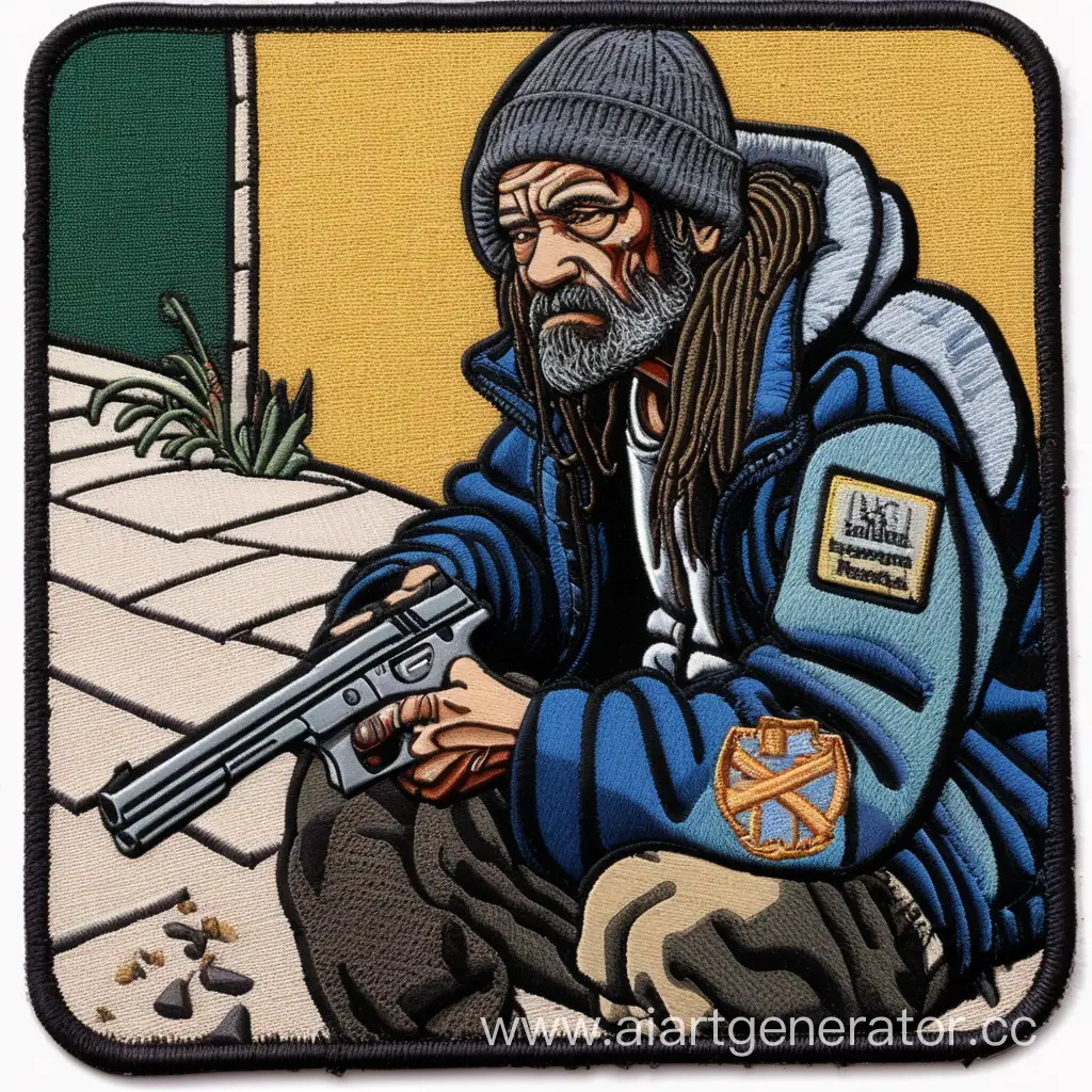 homeless person with a gun, hitech, patch