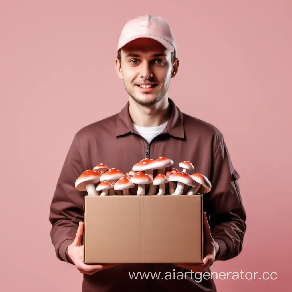 realistic photo of a courier on a light pink background. Courier  holding a box of assorted edible mushrooms 