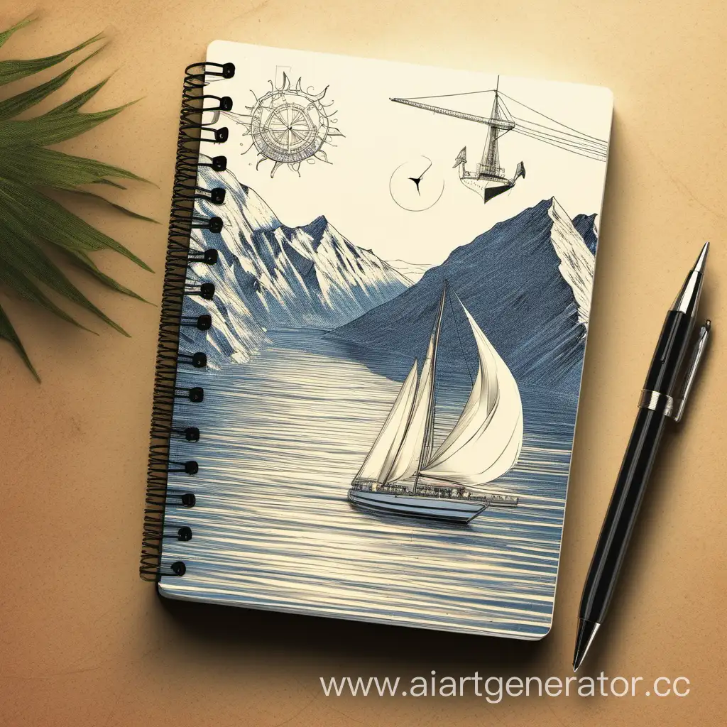 Scenic-Mountain-Landscape-with-Sunlit-Yacht-and-Engineering-Sketch-in-Notebook