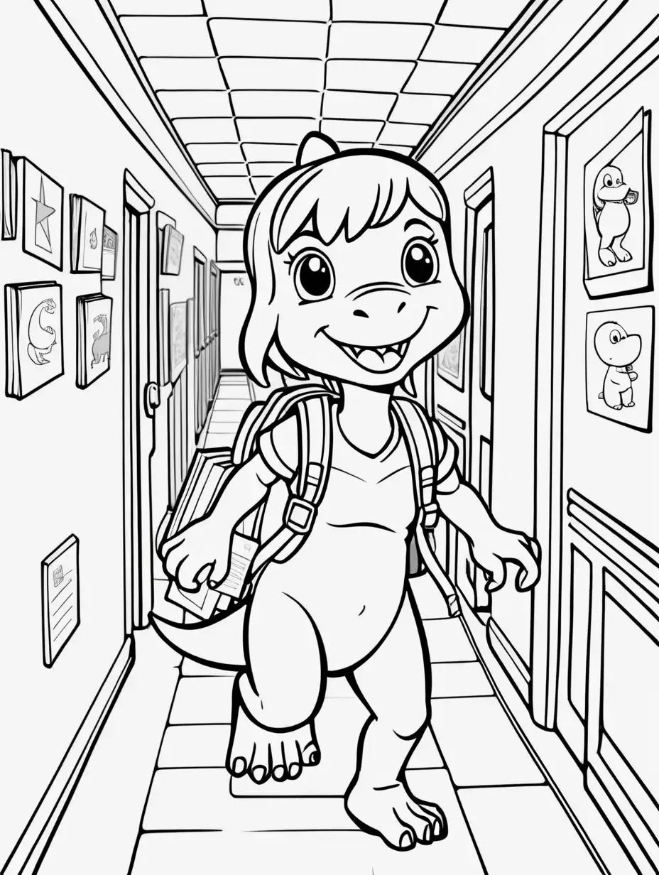 A cute cartoon girl dinosaur, carrying school books, walking down the hall in a school full of other similar dinos,  kids coloring page, no shading, no color