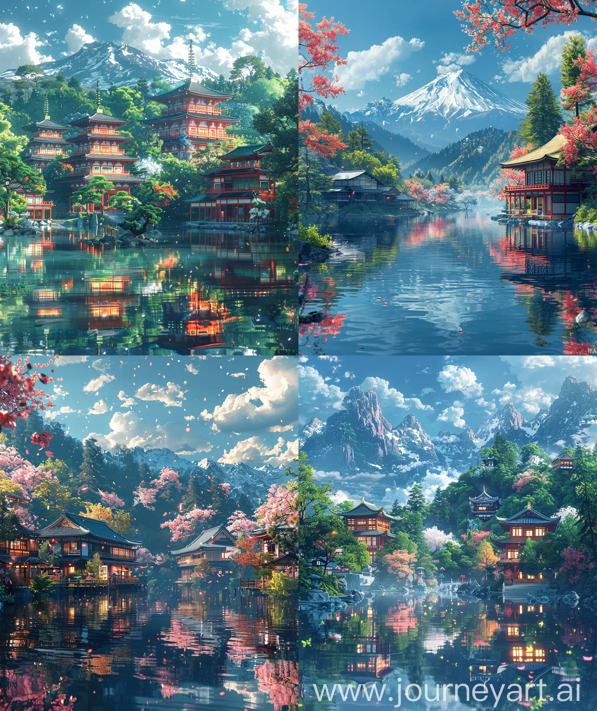 Anime style scenary, mokoto shinkai style, illustration, verious earth's nature scenaries look, majestic and calm look, spring time, anime style different places, direct front facade, water reflection, calm and quiet look, anime style , serenity, ultra HD, high quality, sharp details, High resolution, illustration, no blurry, no hyperrealistic --ar 27:32 --s 600