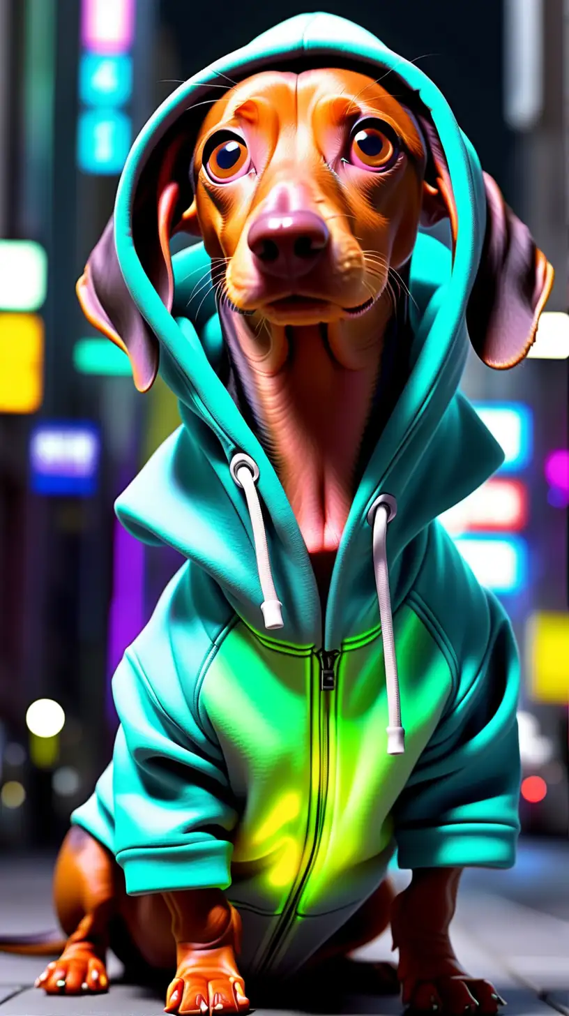 Futuristic Neon Cityscape SteroidPumped Dachshund in Hoodie at Night