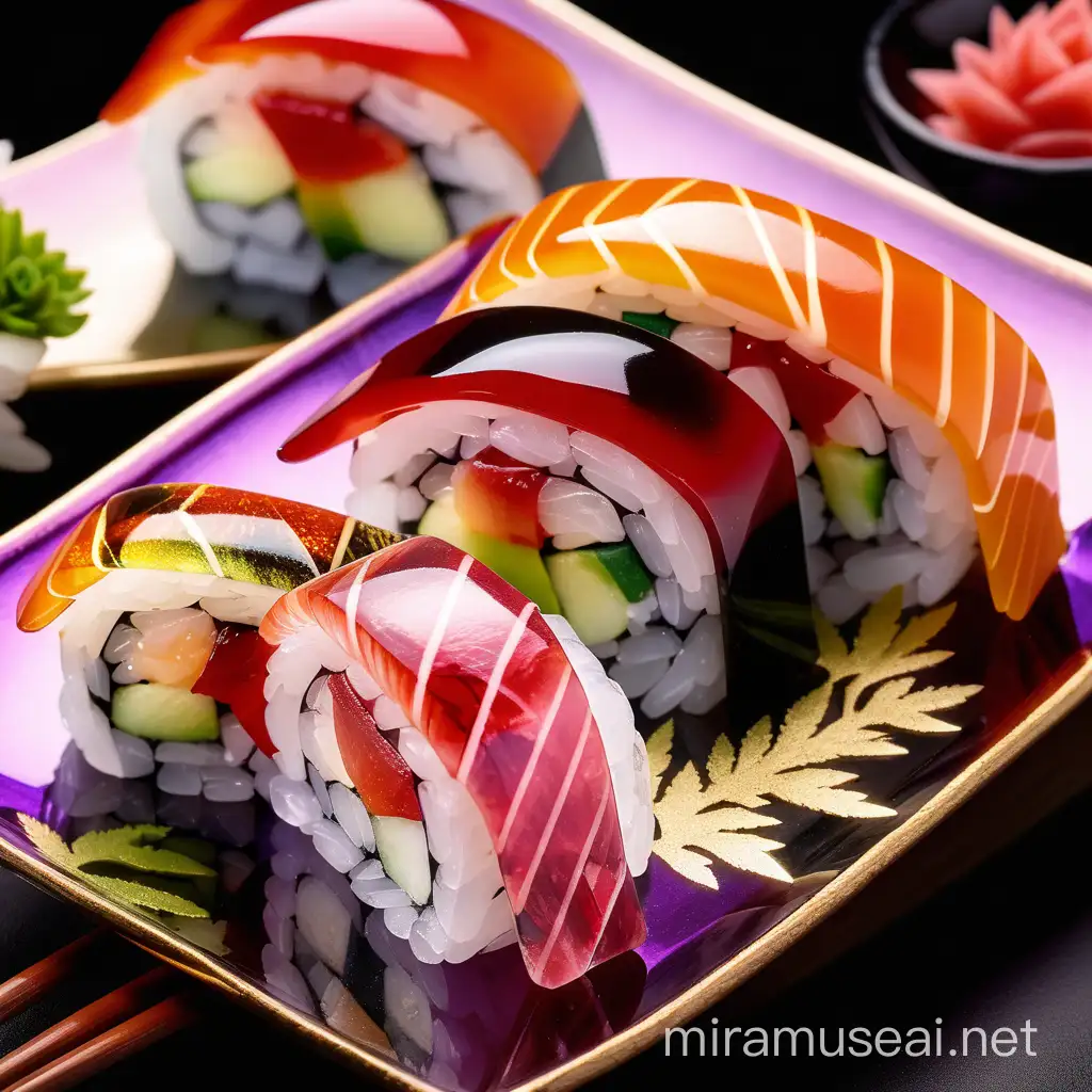 Produce a picture of shiny iridescent crystal maki sushi 3 separate pieces deliciously view