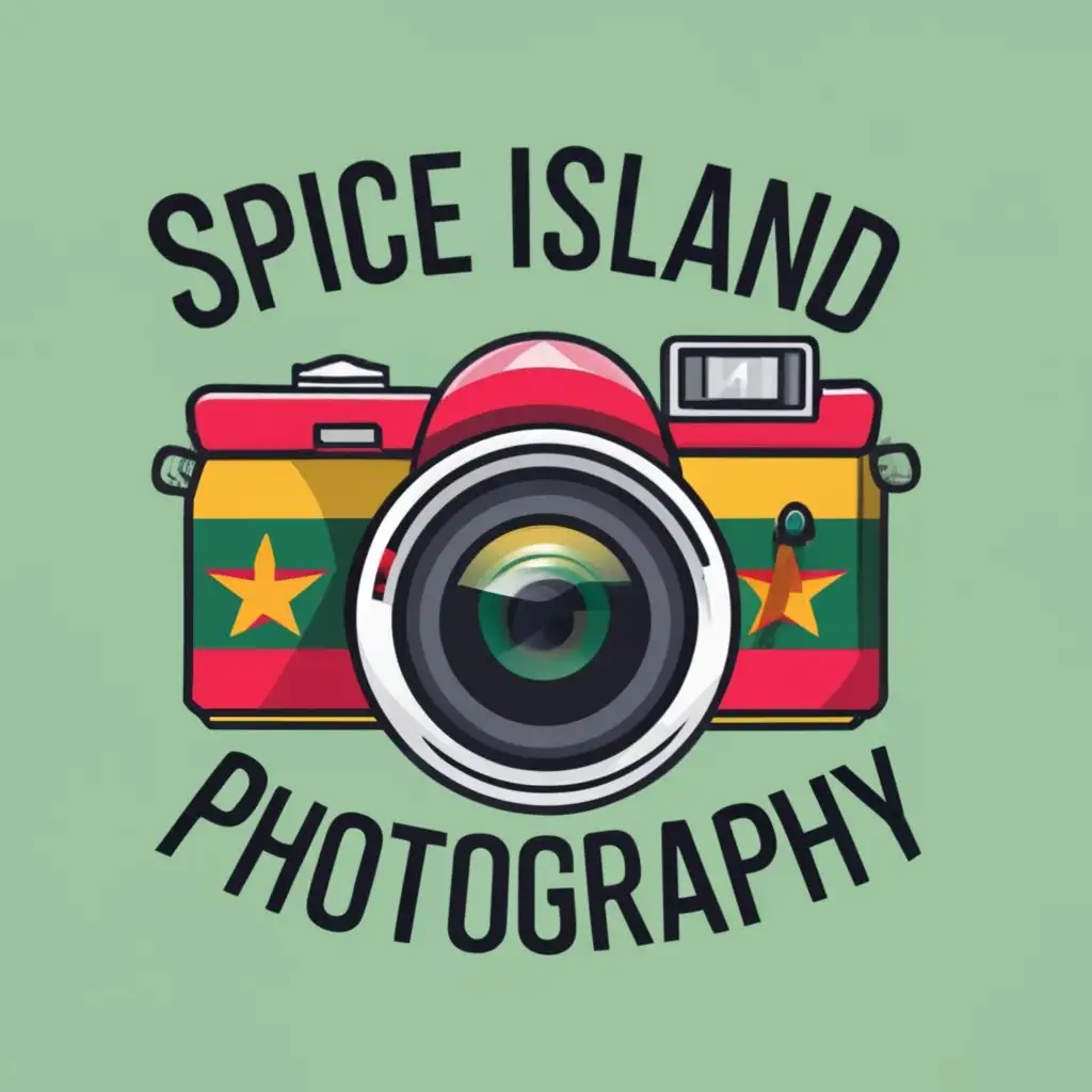 logo, Realistic Digital camera and lens, Grenada flag colours, with the text "Spice Island Photography", typography, be used in Sports Fitness industry