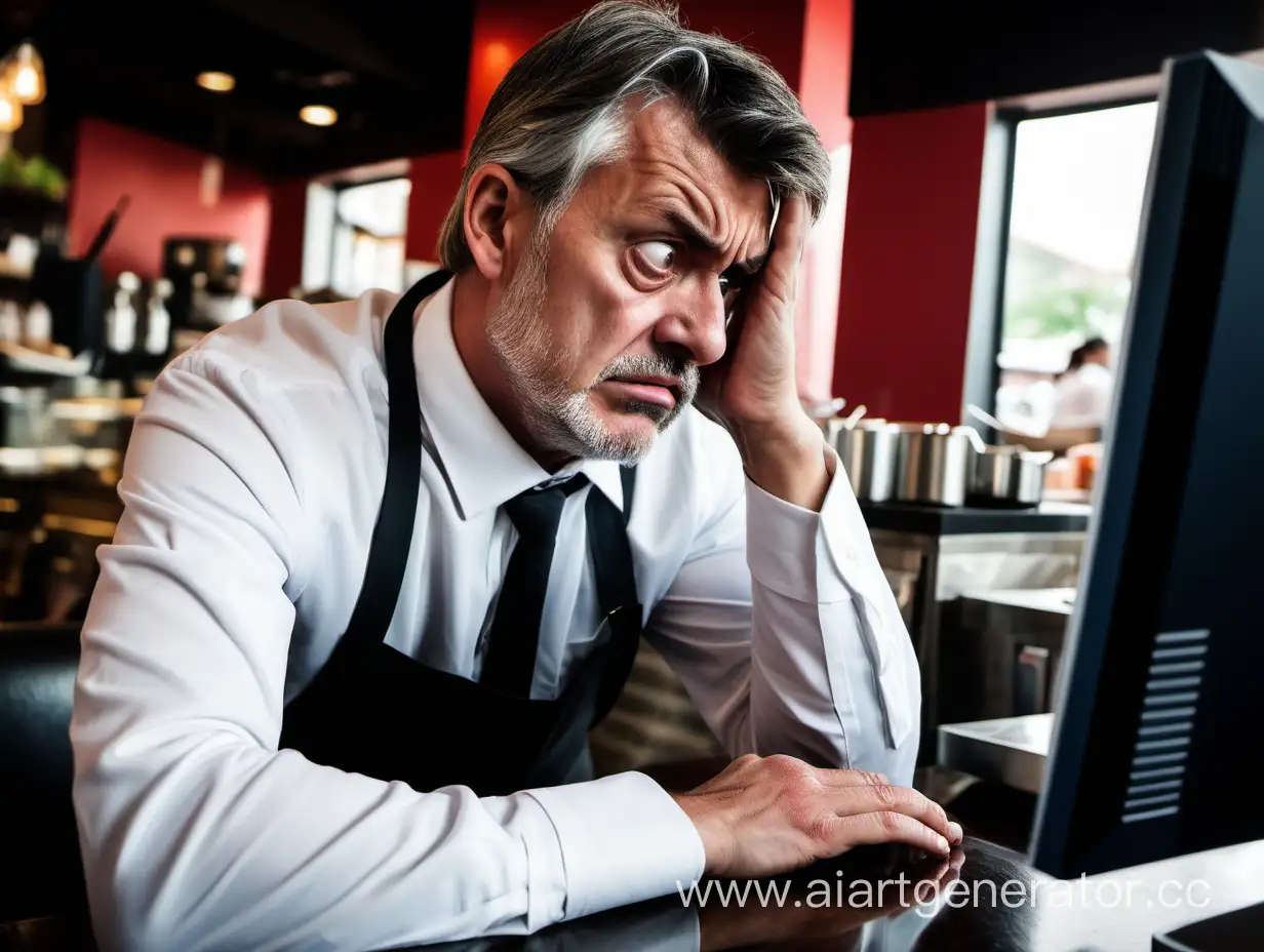 Restaurant manager looks unhappy at computer

