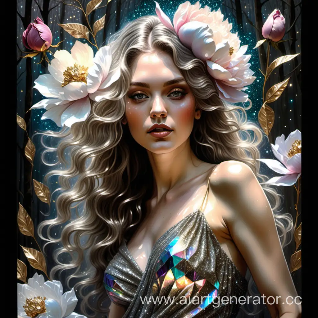 artist by Sara Shakeel Glitter drawing the iridescent crystals sparkling swarovski art women wavy beautiful hair glitter art flower magnolias and peonies Sara Shakeel, iridescent glitter swarovski black dress, Portrait of a Lady women ultra highly detailed, very shine cristal glitter hyper realism, romanticism, neo classicism, cristal hair, diadem of goals, forest, flowers in the forest, trees, crystal glitter colorful hair, gold royal dress, crystal glitter beautiful and magical soft silver glitter style by Steve hanks, Jean Baptiste Monge, fantasy intricate rose tones very attractive beautiful ultra detailed Steve Hanks Iridescent Jeremy Mann Jean Baptiste Monge shabby chic watercolor, wet on wet, splash fast strokes, style of by Ivan Shishkin