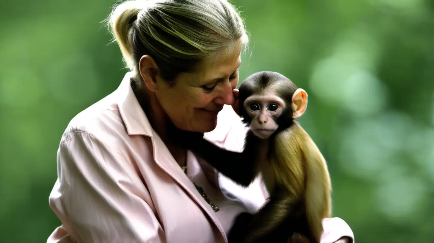 a real life image of a Capuchin monkey with his owner, a human female 