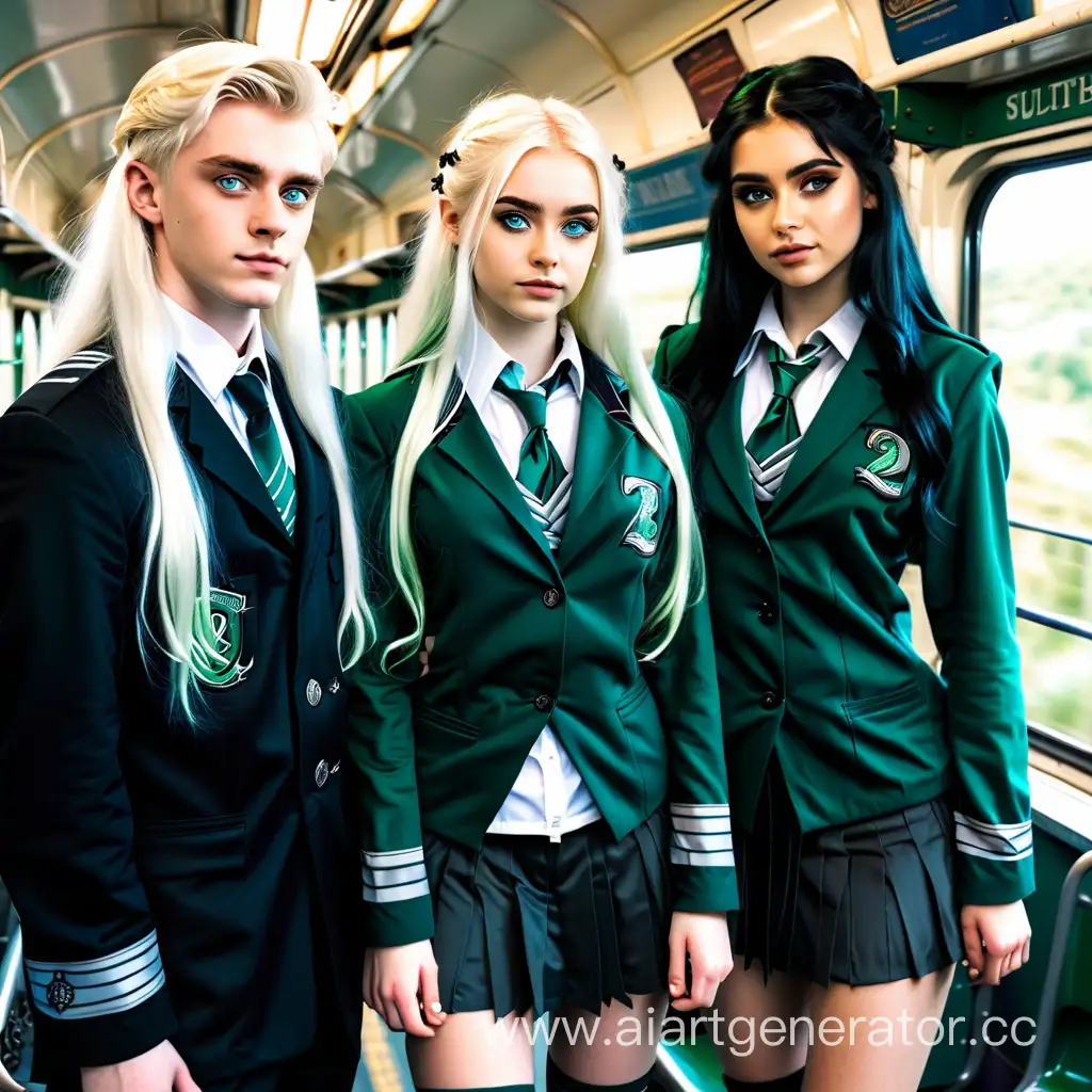 a young beautiful girl with blue eyes with light long hair in a Slytherin uniform stands with a friend with black hair on a train, a guy with dark hair stands next to her