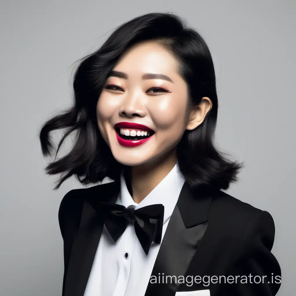 a giggling Vietnamese woman with shoulder length hair and lipstick wearing a tuxedo