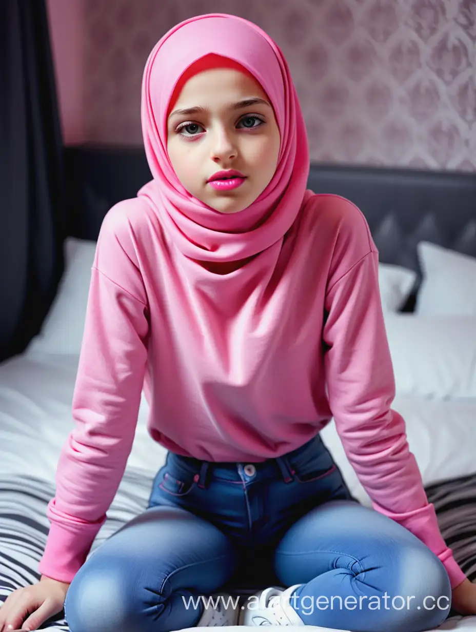 A girl wears hijab. The girl wears a high waist tight jeans, sport shoes. 12 years old. Cute, beautiful, sexy pink lips, ukranian. She is in pain. She is lying on the bed.