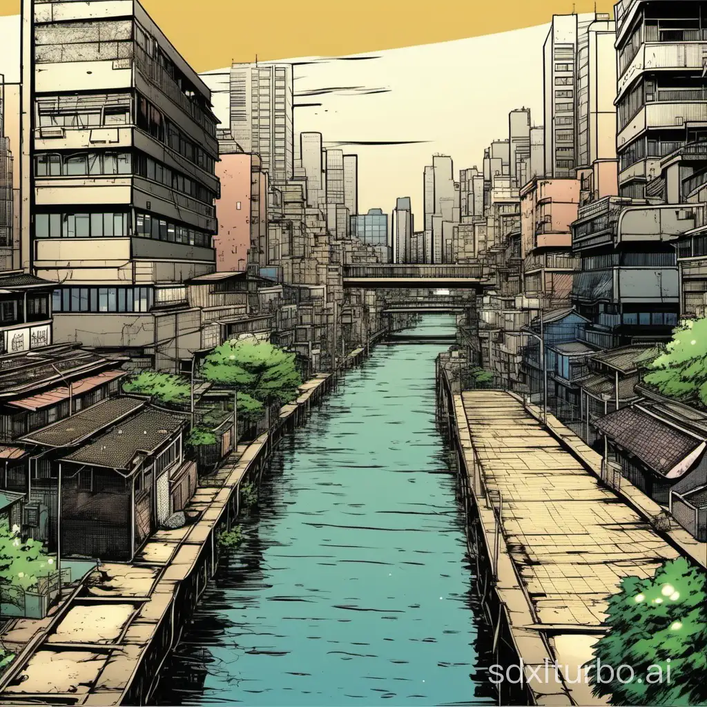 A cityscape, comic book style, shinkai environment style, nearby river