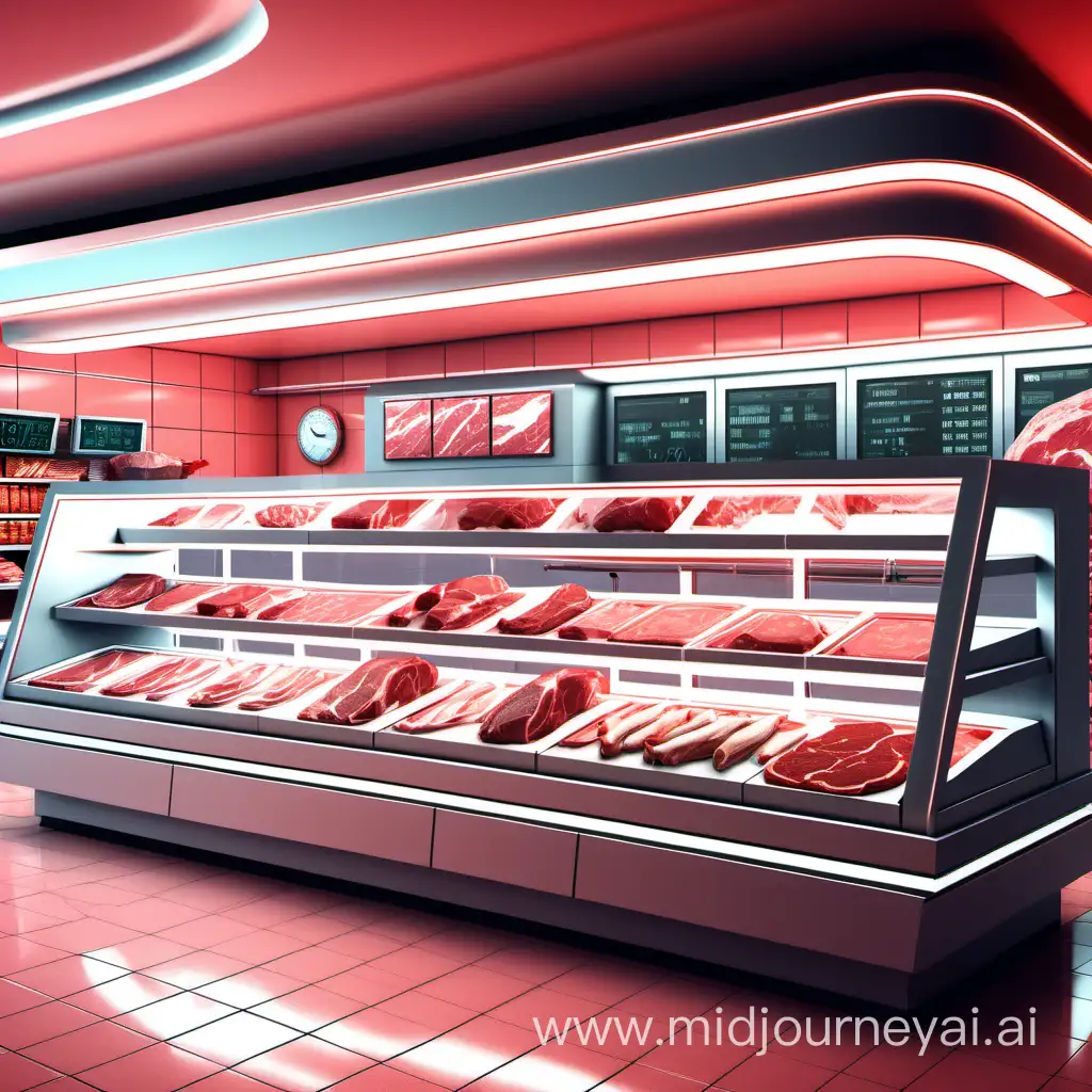 Futuristic Meat Counter in Digital Art Surreal Cyberpunk Culinary Display