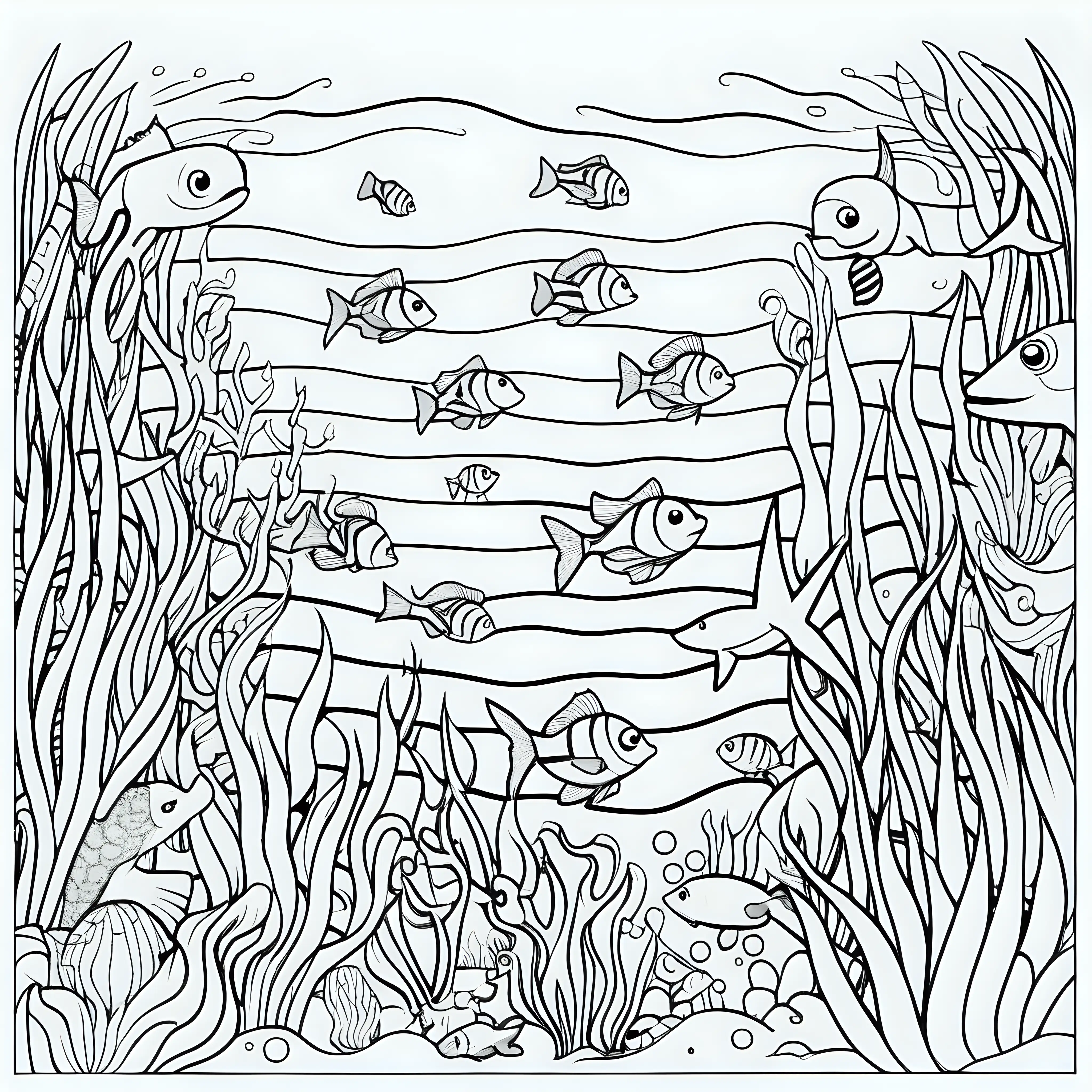 Simple black line under the sea colouring page for children