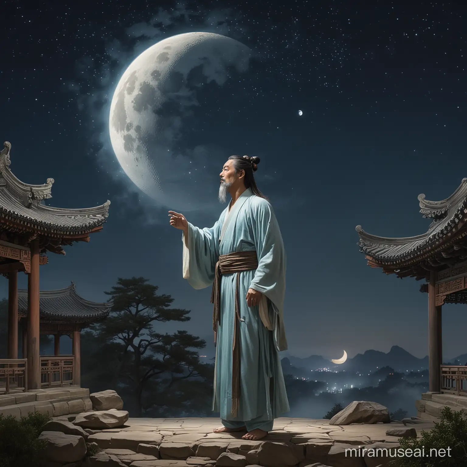 Ethereal Poet Li Bai Contemplates Under Crescent Moon