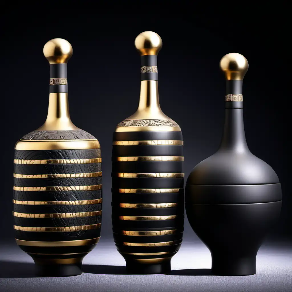周朝时期的酒瓶设计，高端酒，精密的产品照片图像，高细节，形状夸张的银黑哑光陶瓷瓶身，金色极简风格的装饰，三套不同的包装设计