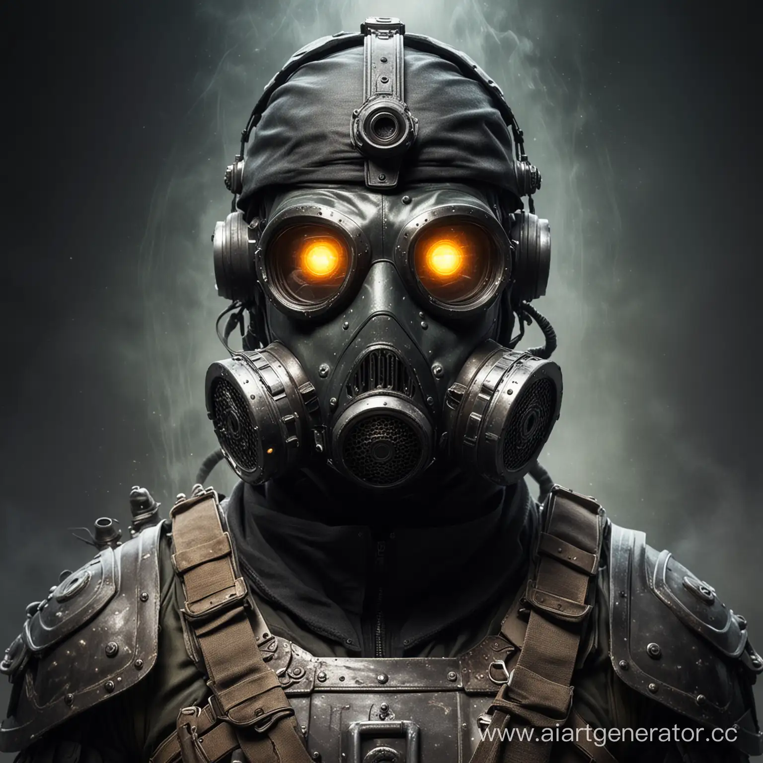 half-human soldier in a heavy armor and gas mask with helmet with two glowing eyepieces