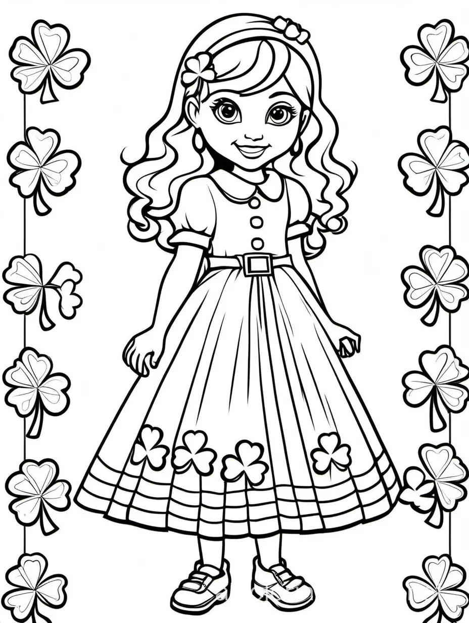 Shamrock-patterned dress for girls, Coloring Page, black and white, line art, white background, Simplicity, Ample White Space. The background of the coloring page is plain white to make it easy for young children to color within the lines. The outlines of all the subjects are easy to distinguish, making it simple for kids to color without too much difficulty