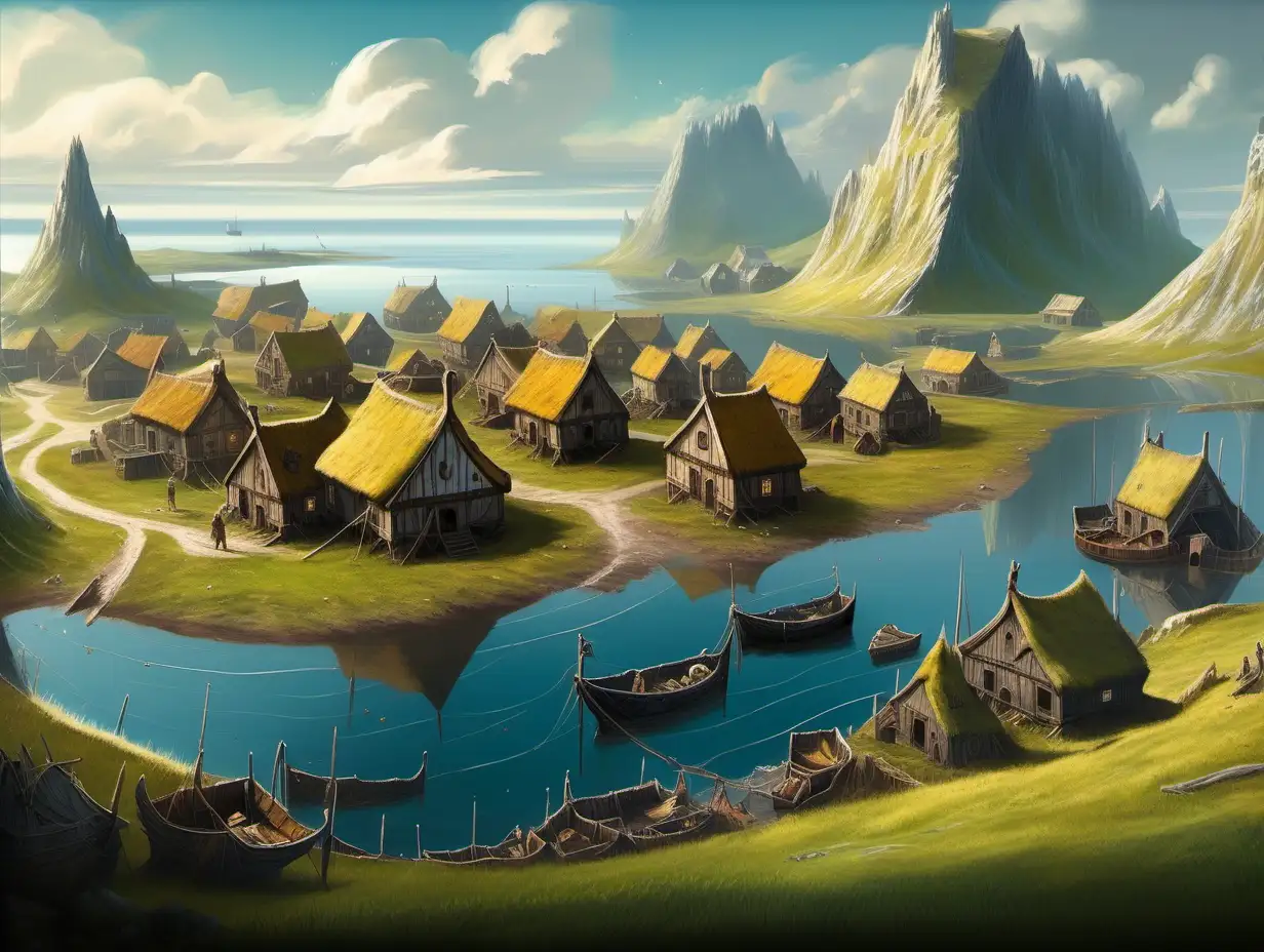 Norse fishing village, few houses, giant crater in the ground, clear weather, Medieval fantasy painting